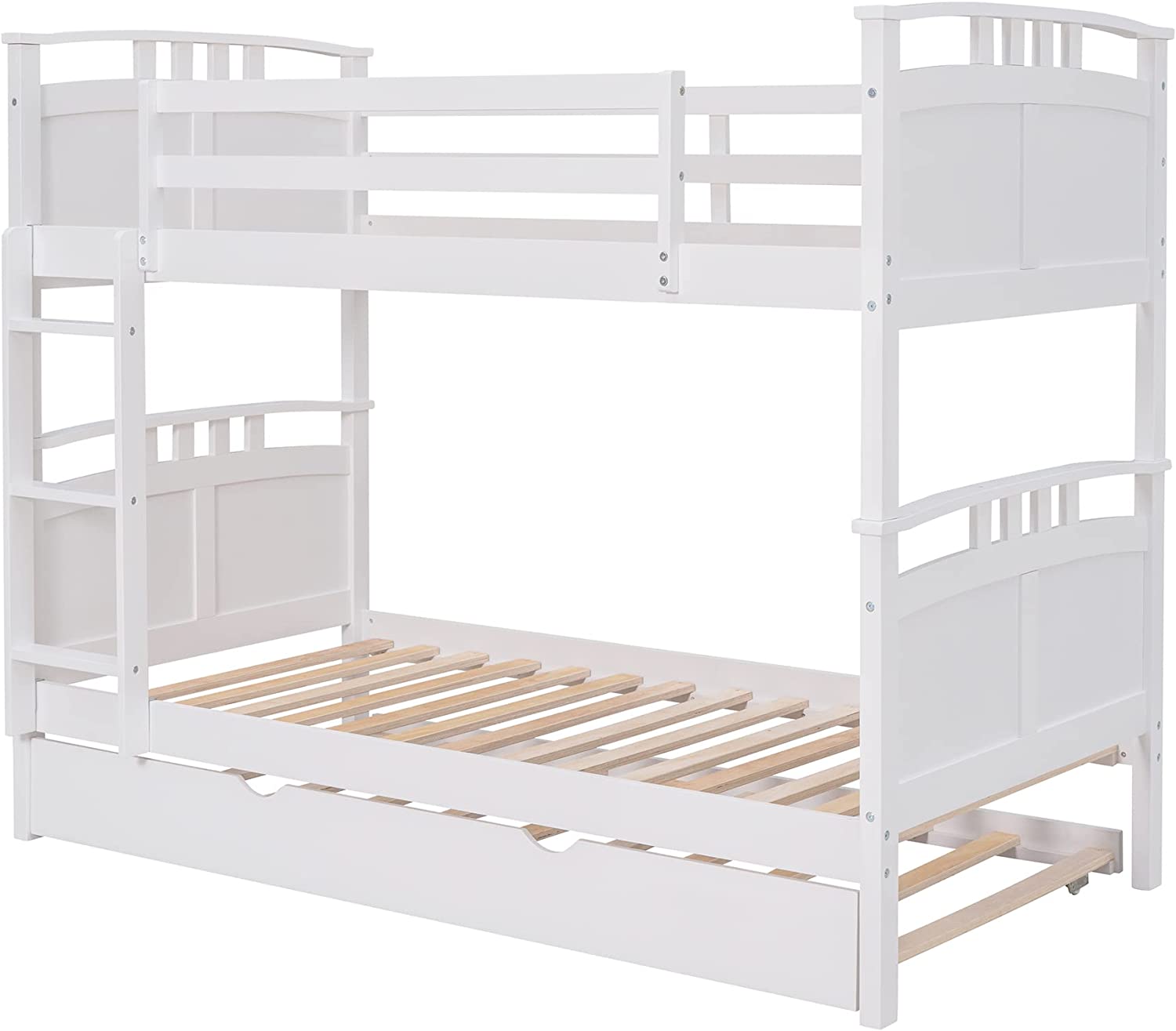 Wooden Bunk Bed With Trundle, Separable Full Bunk Bed Can Be Separated Into 2 Beds, White