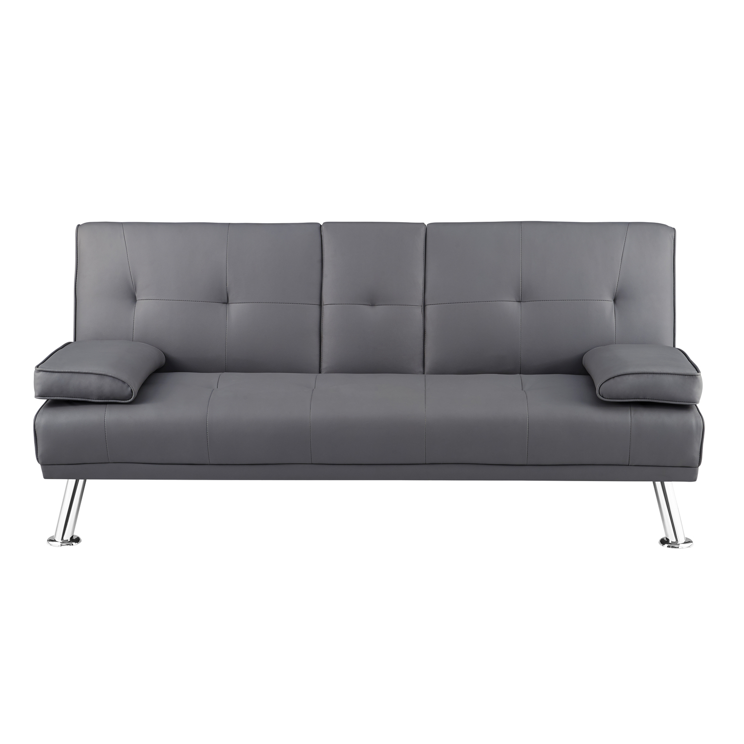 Convertible Faux Leather Futon Sofa Bed, Folding Sofa Couch with arm rest, 2 cup holders and Chrome metal Legs, Gray