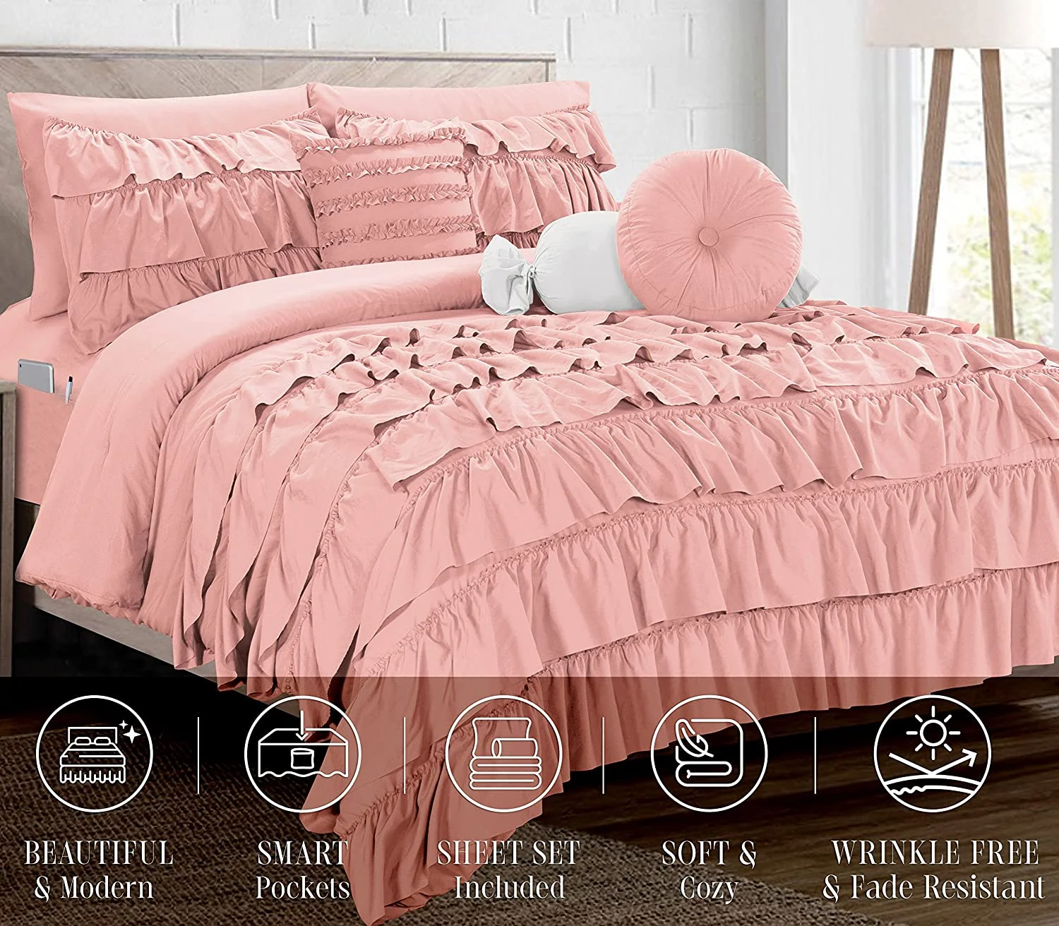 Mocassi 10-Piece Bed-in-a-Bag, Includes Bed Sheet with Double Sided Storage Pockets & Decorative Pillows, Multi-Ruffle Comforter, Twin, Dusty Rose