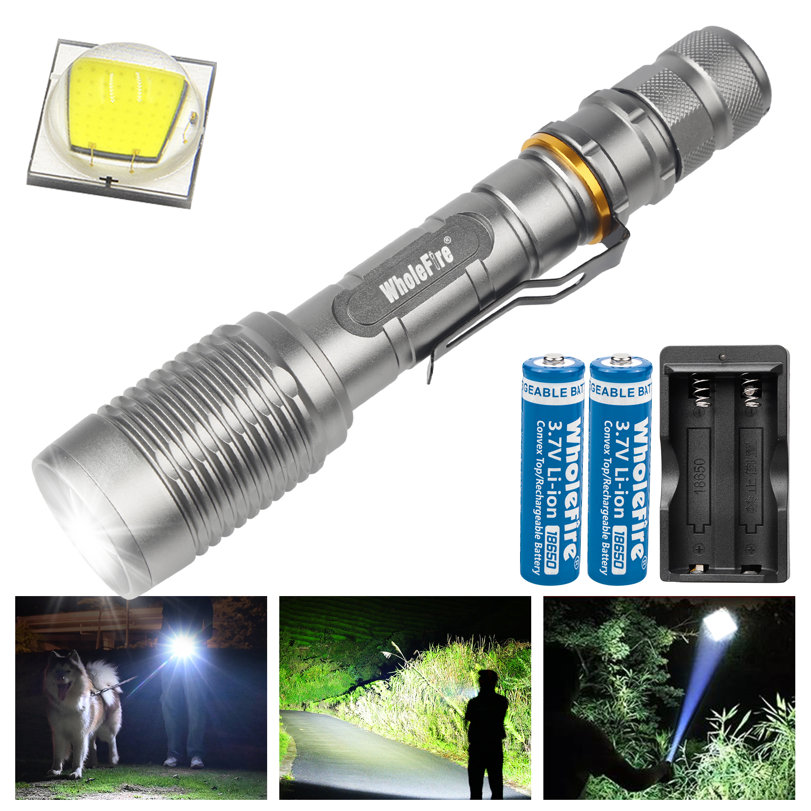 Wholefire LED Flashlight Rehcargeable 5Modes LED Flashlights Adustable Focus Flash Light with Battery & Charger for Outdoor/Camping/Hiking