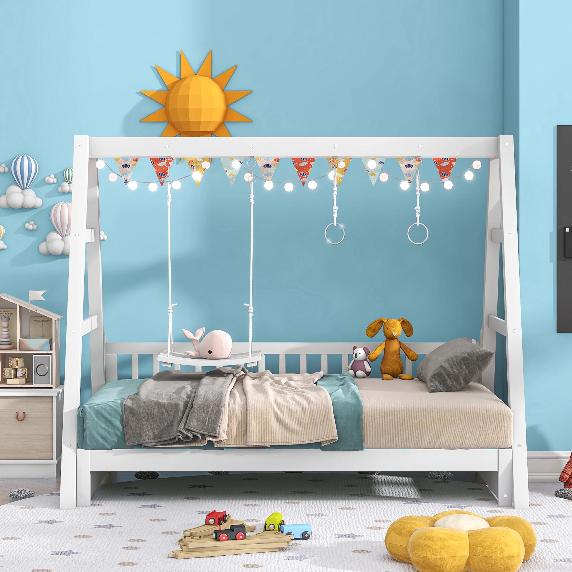 CoSoTower Extendable Twin Daybed with Swing and Ring Handles, White