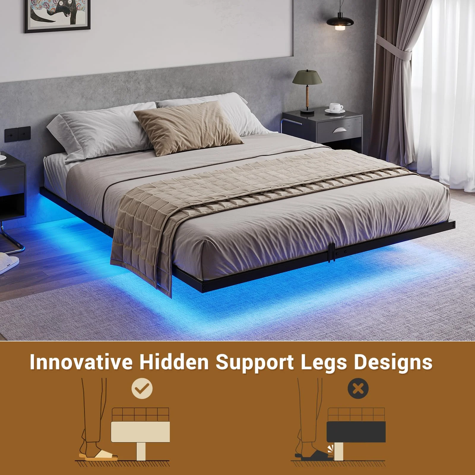 Queen Size Floating Bed Frame with LED Lights, Metal Platform Queen Bed, No Box Spring Needed, Black