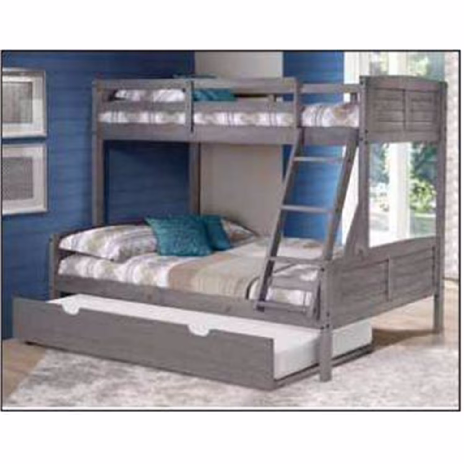 Donco Kids Louver Twin Over Full Solid Wood Bunk Bed with Trundle in Gray