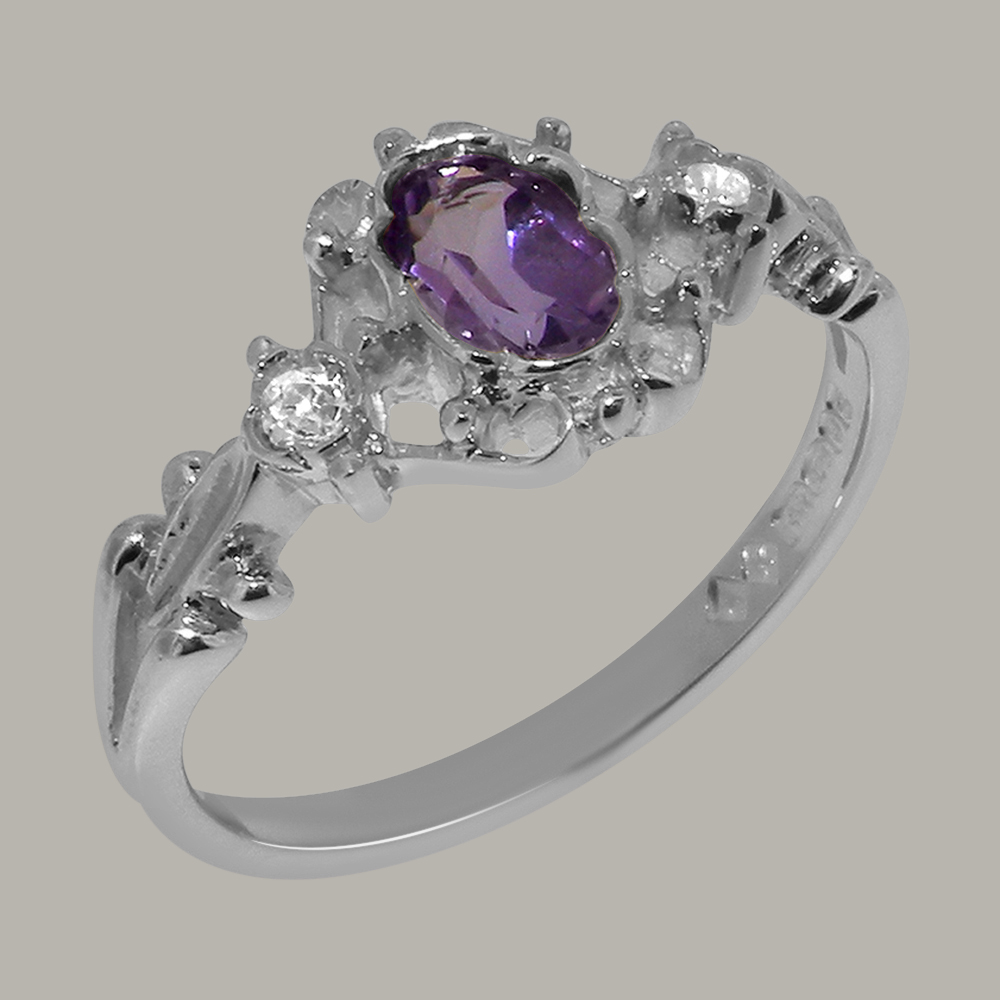 LBG British Made 18k White Gold Natural Amethyst & Cubic Zirconia Womens Anniversary Ring - 33 size options - Size 10