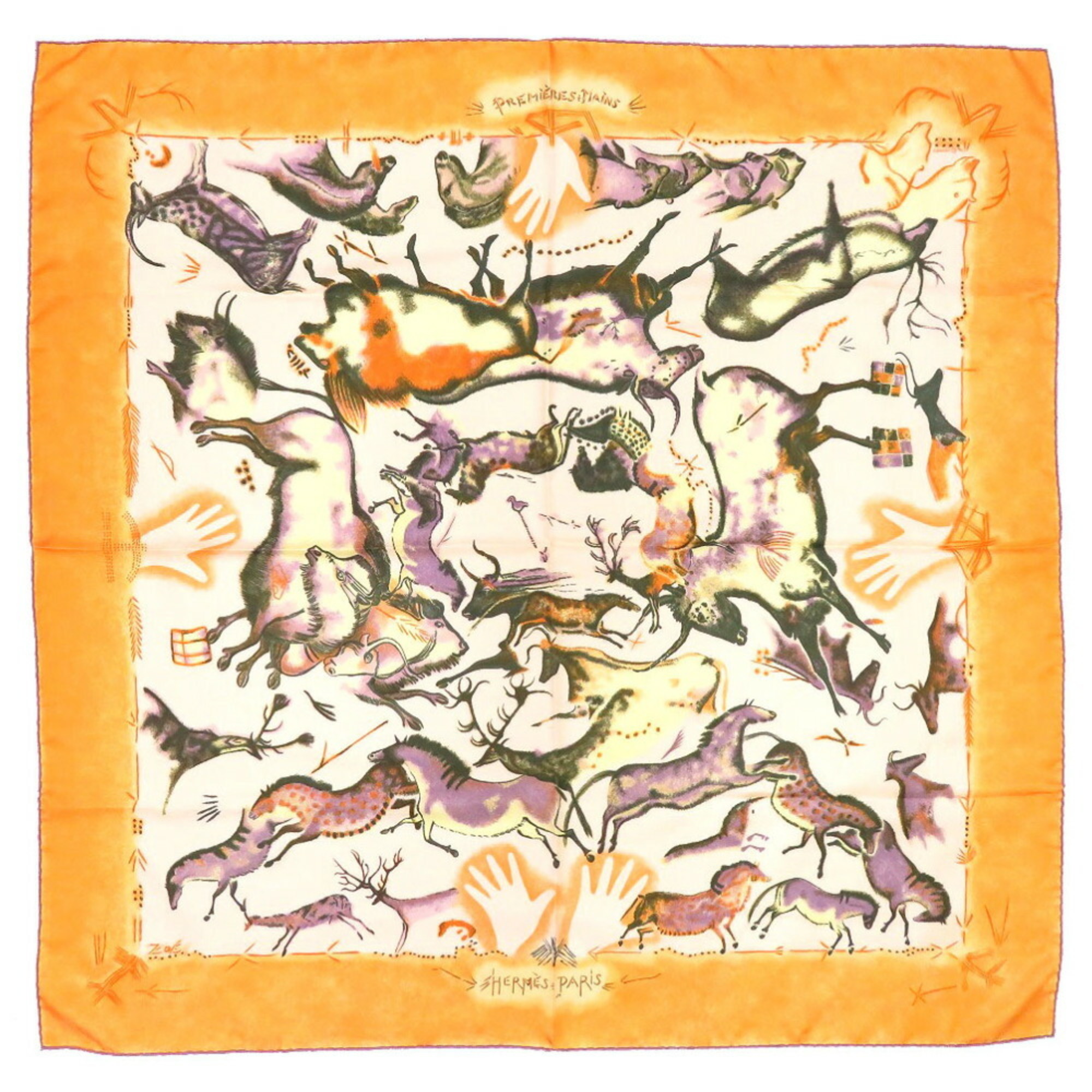 Pre-Owned Hermes Carré 90 Premieres Mains First Hand Silk Orange Scarf Muffler (Good)