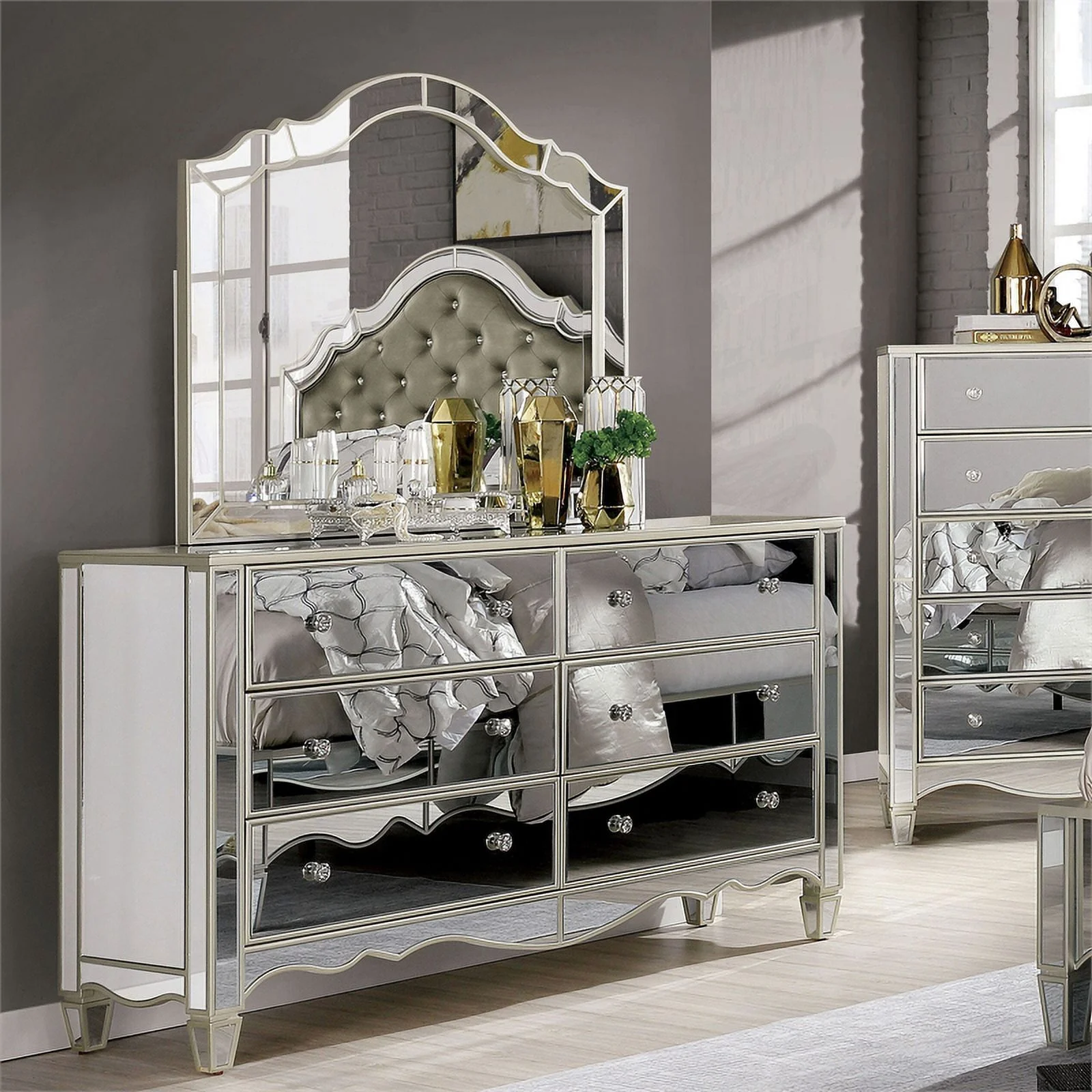 FOA Gavvi Glam 3-Piece Silver Wood Bedroom Set - Cal King + Nightstand + Dresser