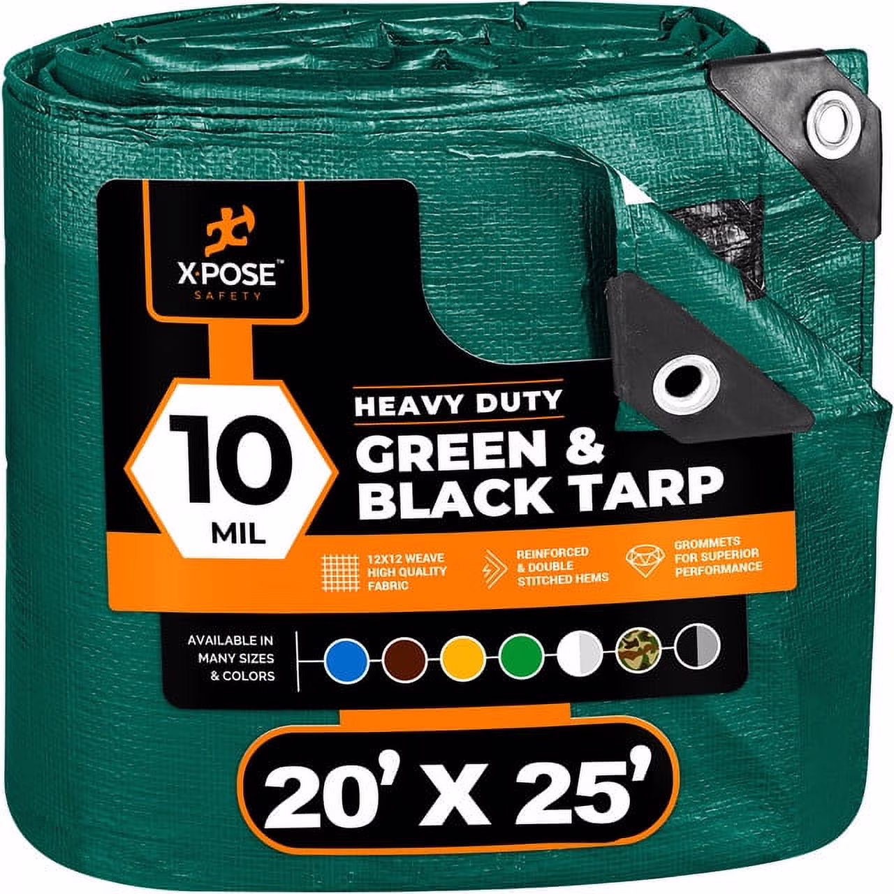 Heavy Duty Poly Tarp 20 Feet x 25 Feet 10 Mil Thick Waterproof, UV Blocking Protective Cover - Reversible Green and Black - Laminated Coating - Rustproof Grommets - by Xpose Safety