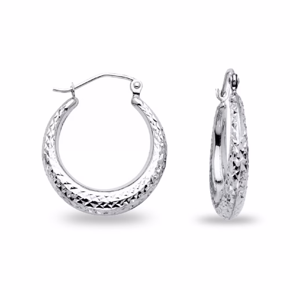 14k White Gold Graduated Diamond Cut Hoop Earrings Polished Finish French Lock Genuine 15mm x 4mm
