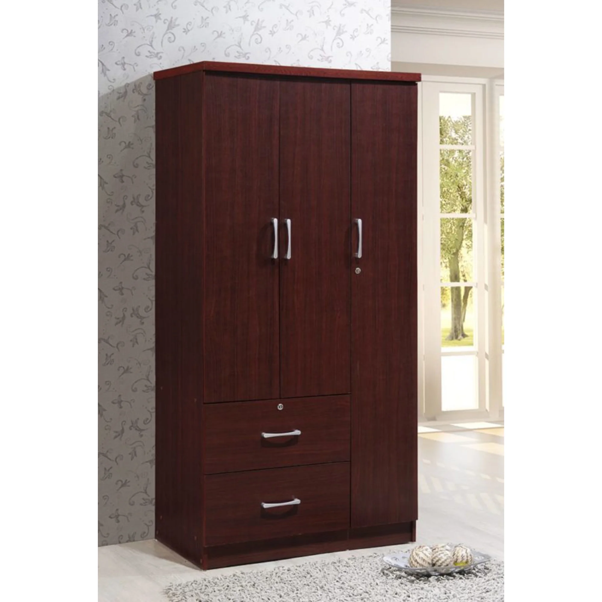 Hodedah Import 3 Door Armoire with Rod, Shelves, and 2 Drawers, Mahogany
