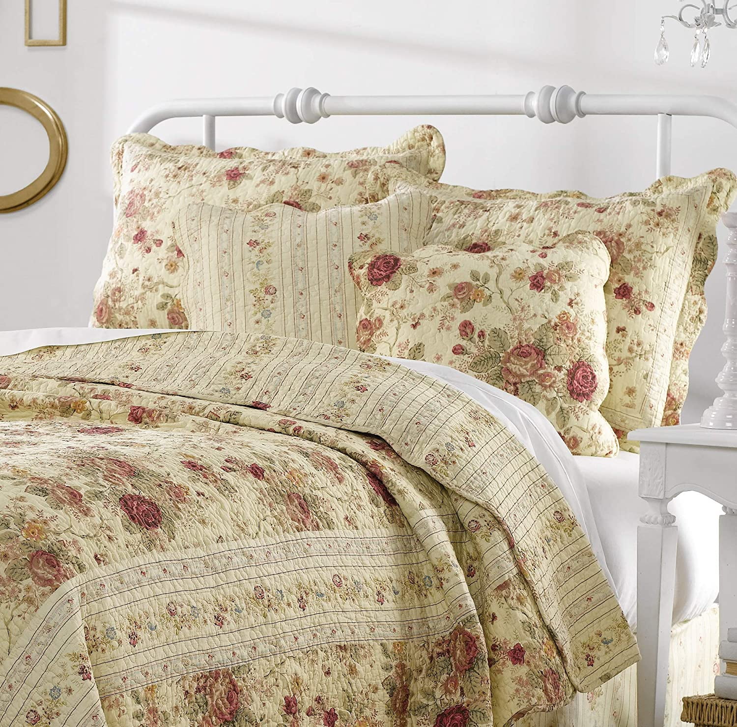Greenland Home Fashions Antique Rose 100% Cotton Quilt Set, Ecru, 2-Piece Twin/XL
