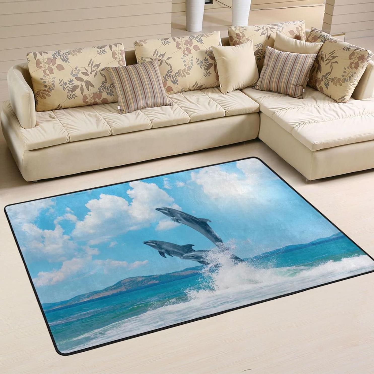 Bestwell Dolphin Summer Jump Area Rug, 36×24in, Ocean Ocean Animal Non-Slip Floor Carpet, Comfort Soft Floor Mats Decor for Indoor Living Dining Room and Bedroom Area