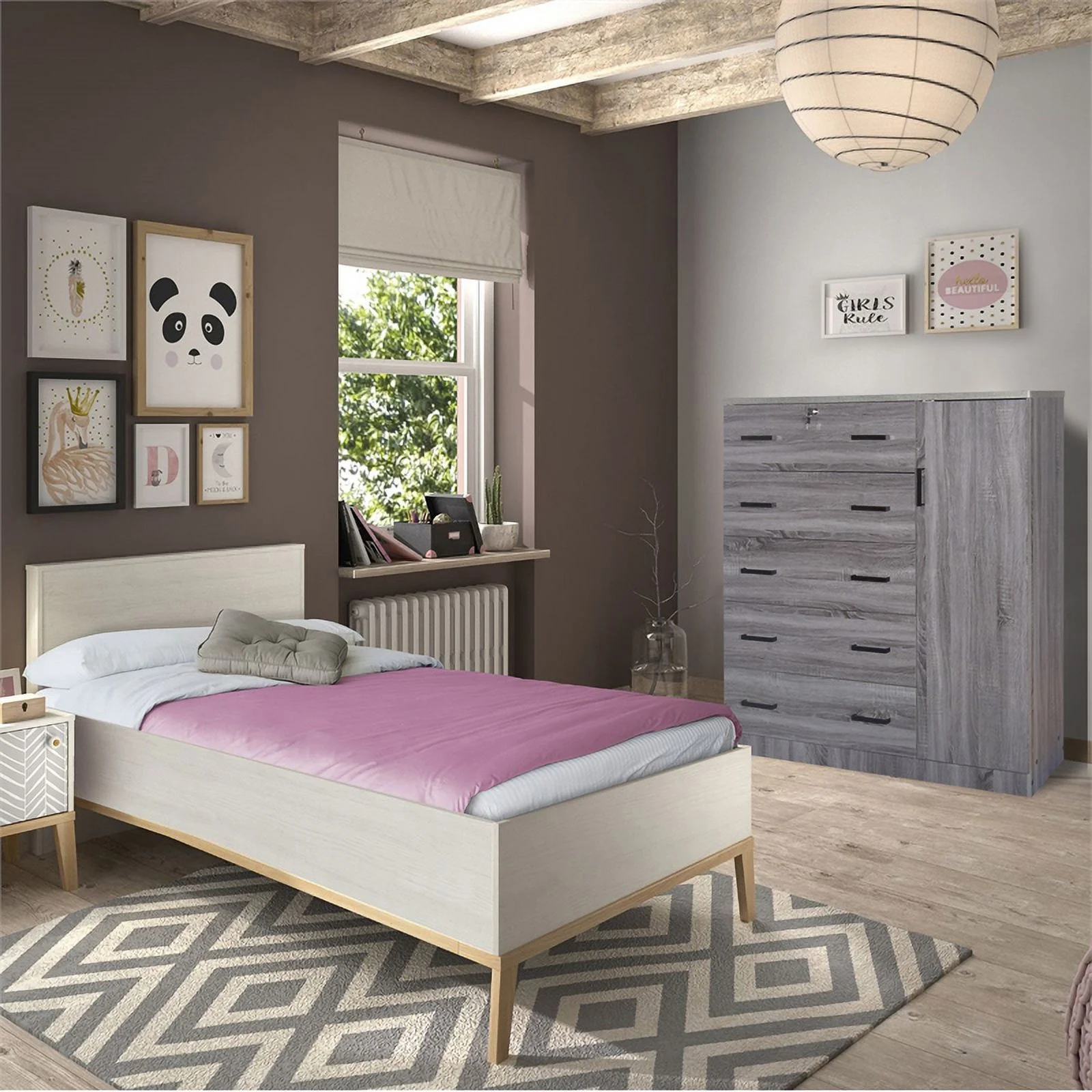 Pemberly Row 5 Drawer Wooden Tall Chest Wardrobe in Gray Finish