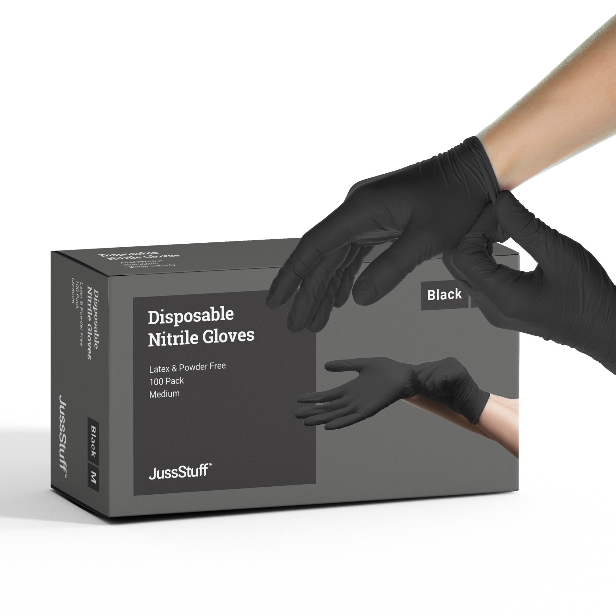 JussStuff Nitrile Gloves, Disposable, Latex Free, Food Safe - Black - Box of 100 Gloves (Medium)