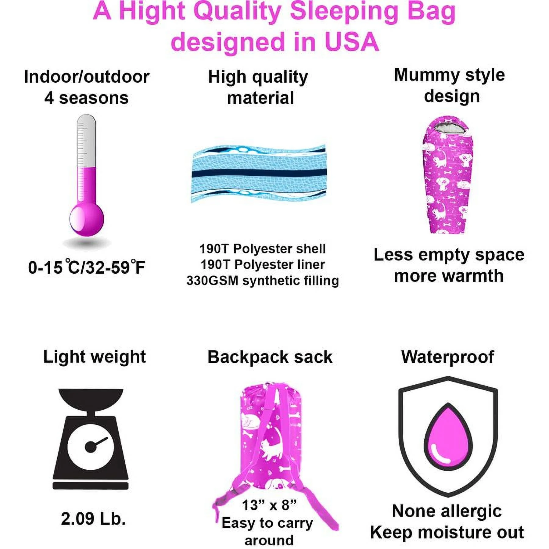 KidzAdventure 32F - 59F Mummy Kids Sleeping Bag - Pink Best Friends Theme