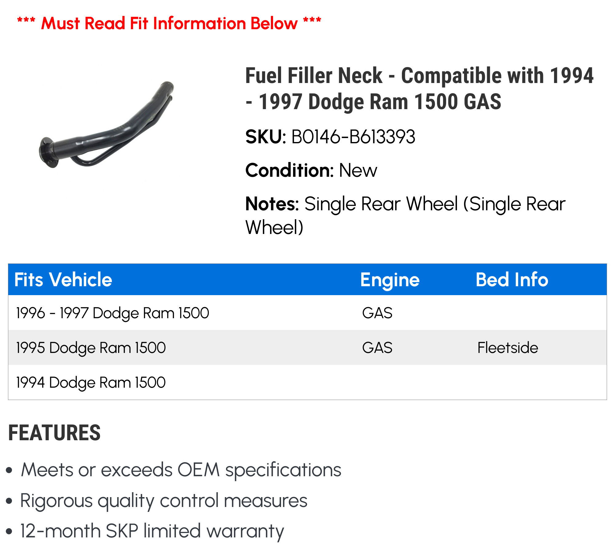 Fuel Filler Neck - Compatible with 1994 - 1997 Dodge Ram 1500 GAS 1995 1996
