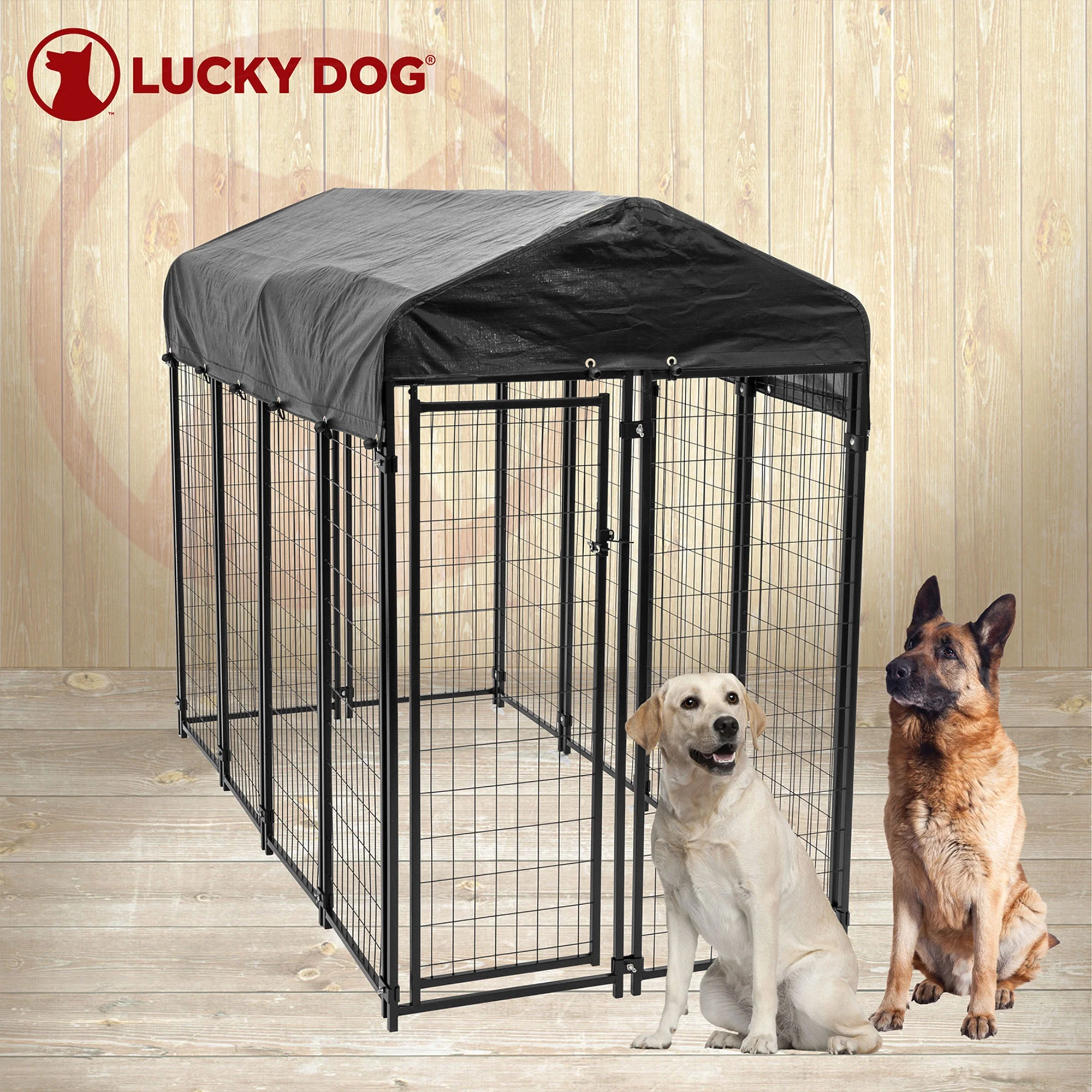 Lucky Dog Single-Door Outdoor Welded Wire Pet Kennel with Cover, Black, 8'L x 4'W x 6'H, 2 Pack