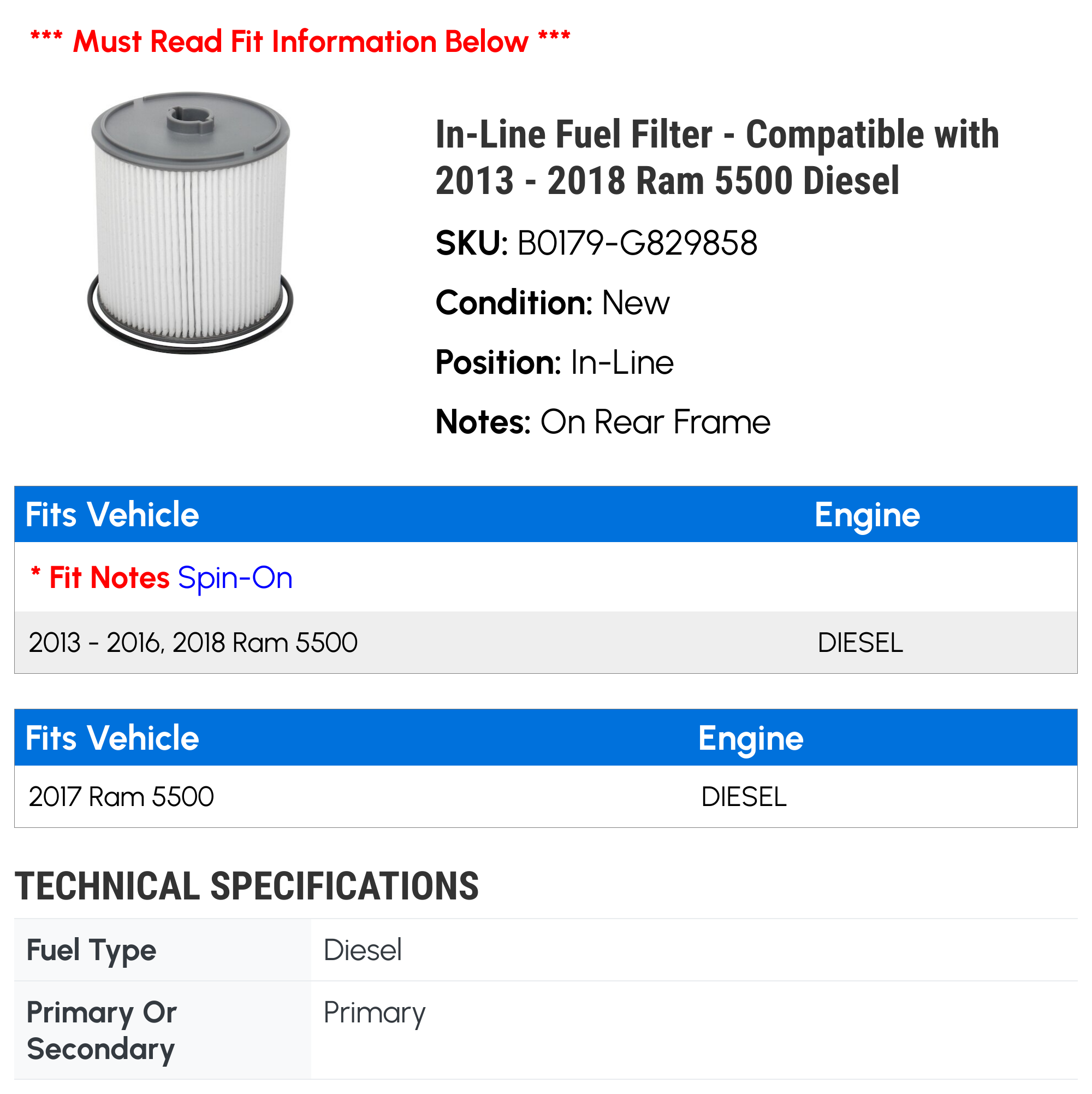 In-Line Fuel Filter - Compatible with 2013 - 2018 Ram 5500 Diesel 2014 2015 2016 2017