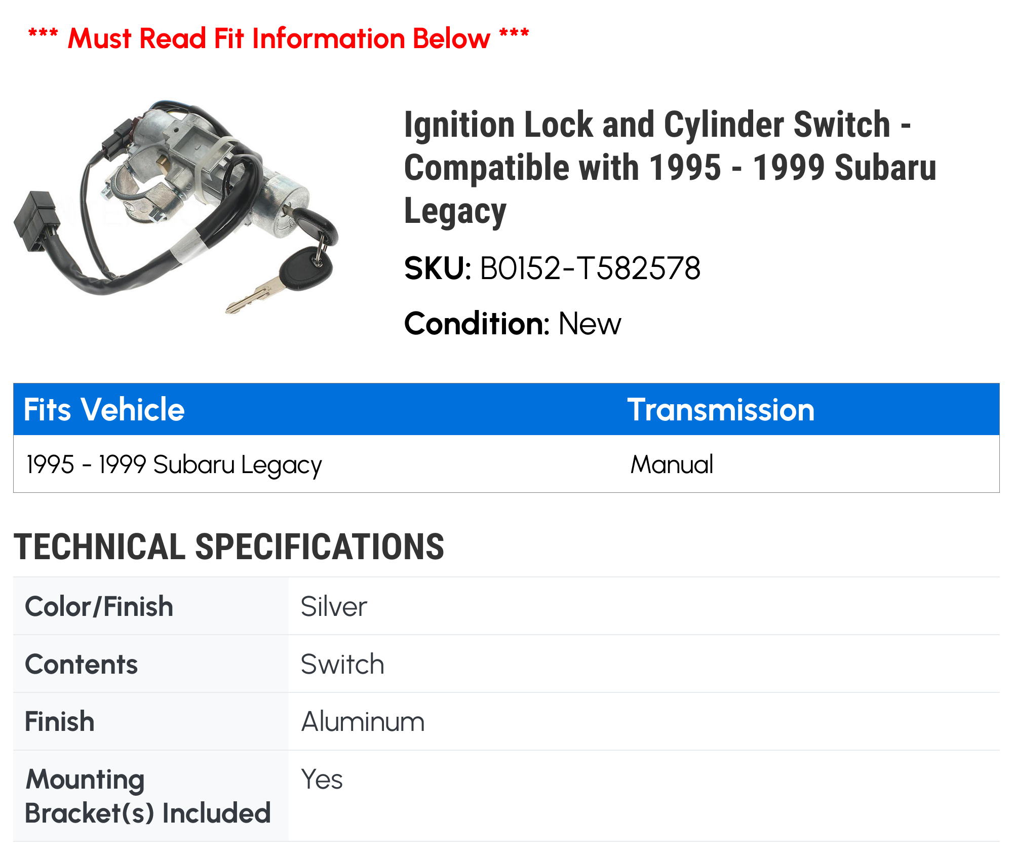 Ignition Lock and Cylinder Switch - Compatible with 1995 - 1999 Subaru Legacy 1996 1997 1998