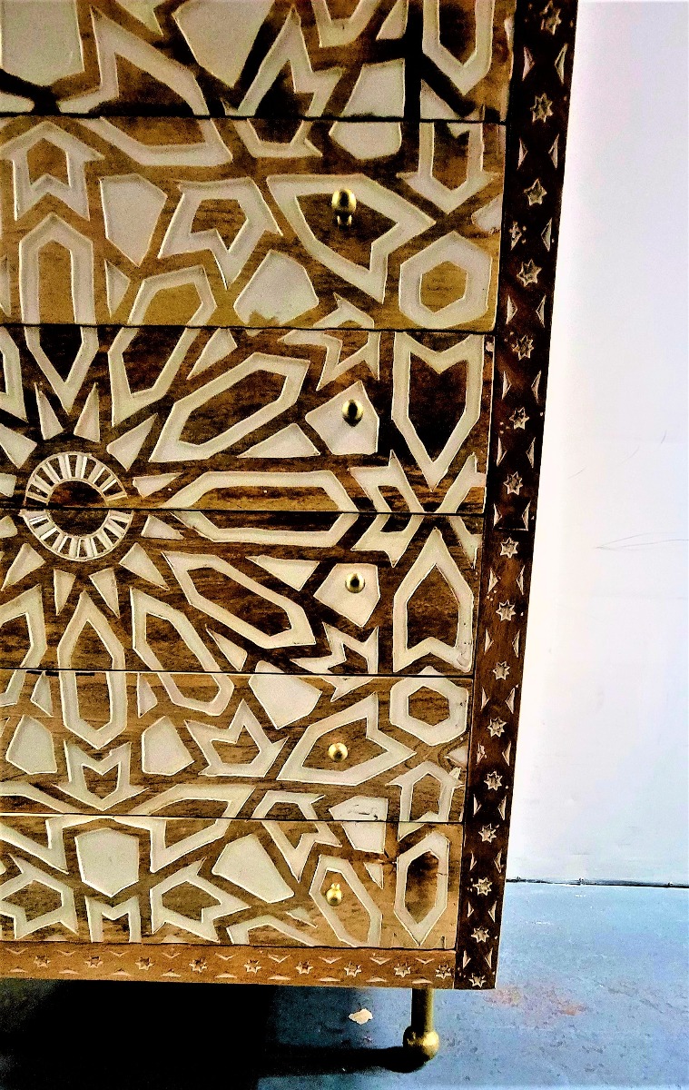 Mughal Garden Geometrical Carved Natural 2 Tone 6 Drawer Chest