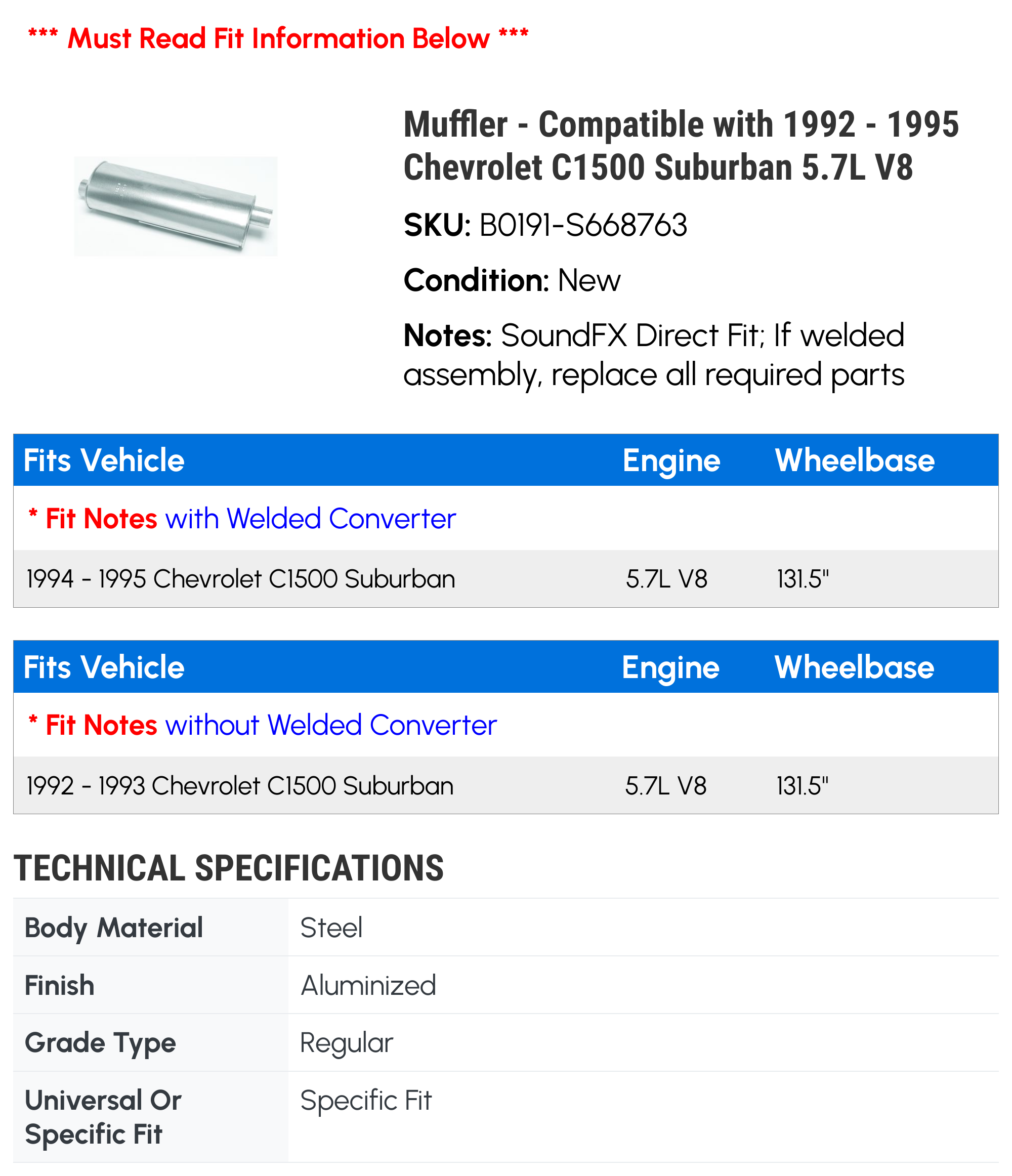 Muffler - Compatible with 1992 - 1995 Chevy C1500 Suburban 5.7L V8 1993 1994
