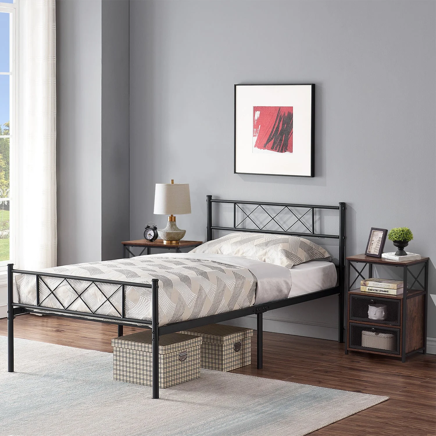 VECELO 3-Piece Bedroom Set, Twin Size Metal Bed Frame and 2 Brown Nightstand