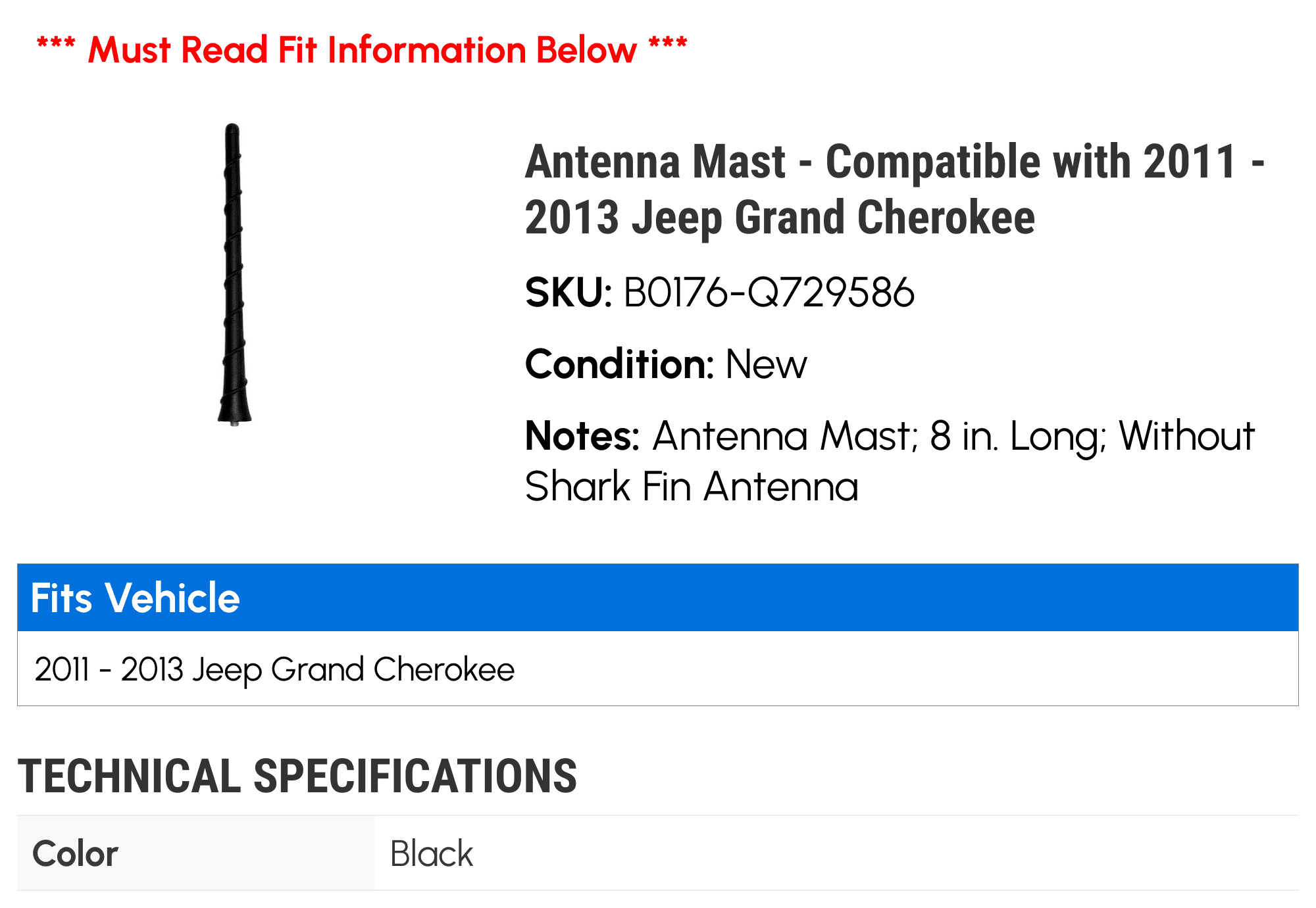 Antenna Mast - Compatible with 2011 - 2013 Jeep Grand Cherokee 2012