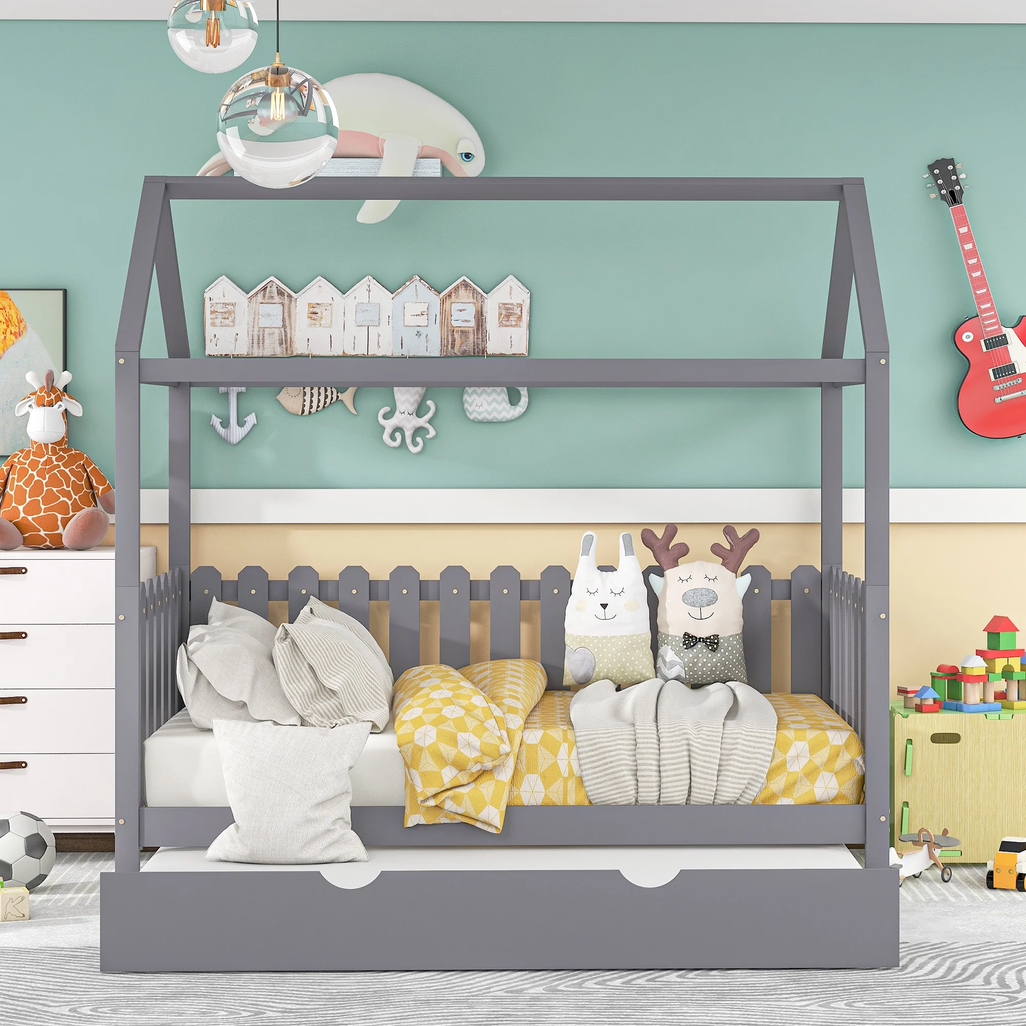 Nestfair Gray Twin Size House Style Kids' Bed with Trundle