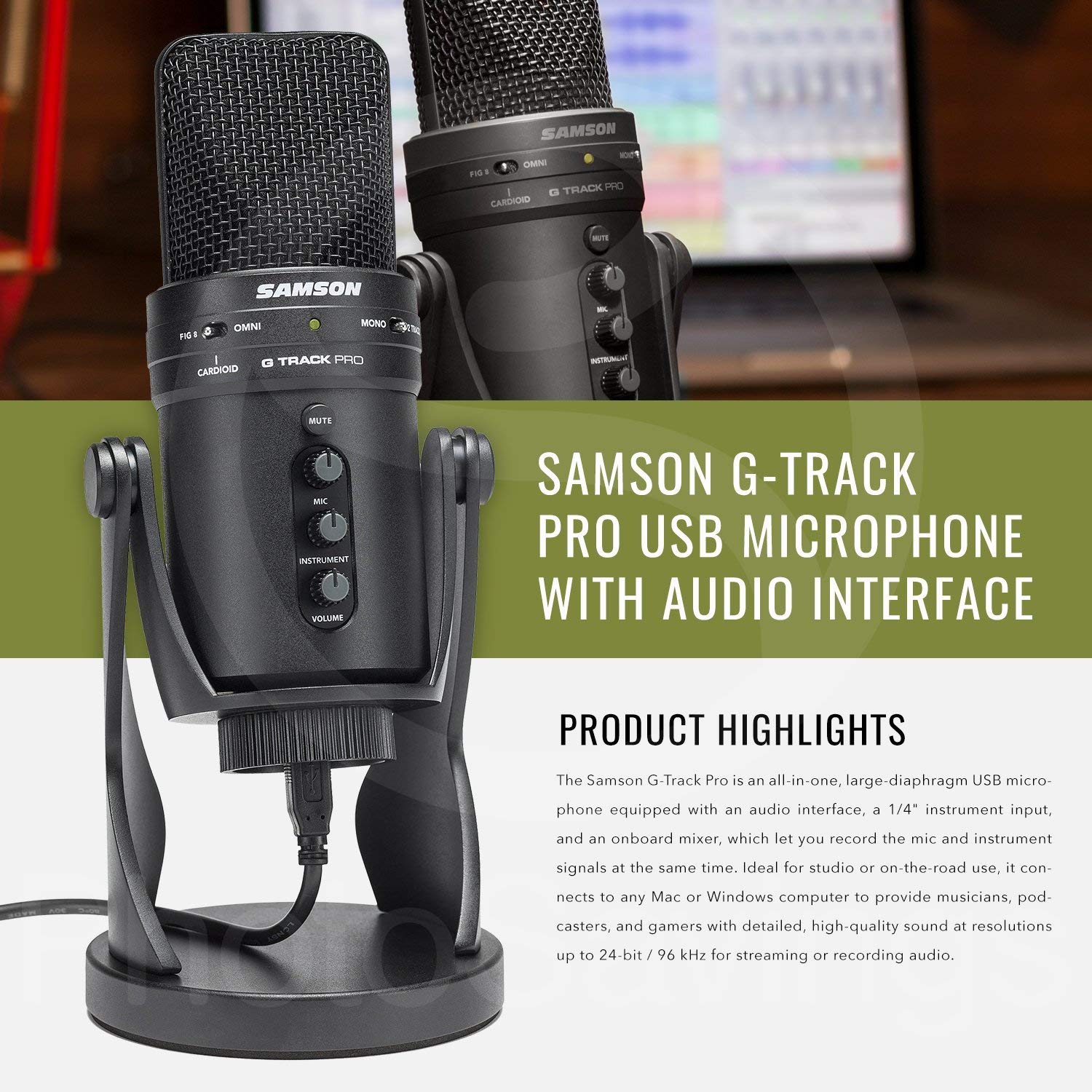 Samson G-Track Pro Professional USB Condenser Microphone w/Audio Interface Bundled with PreSonus HD9 Pro Headphones, Mic Pop Filter, Headphones Case, and Accessories