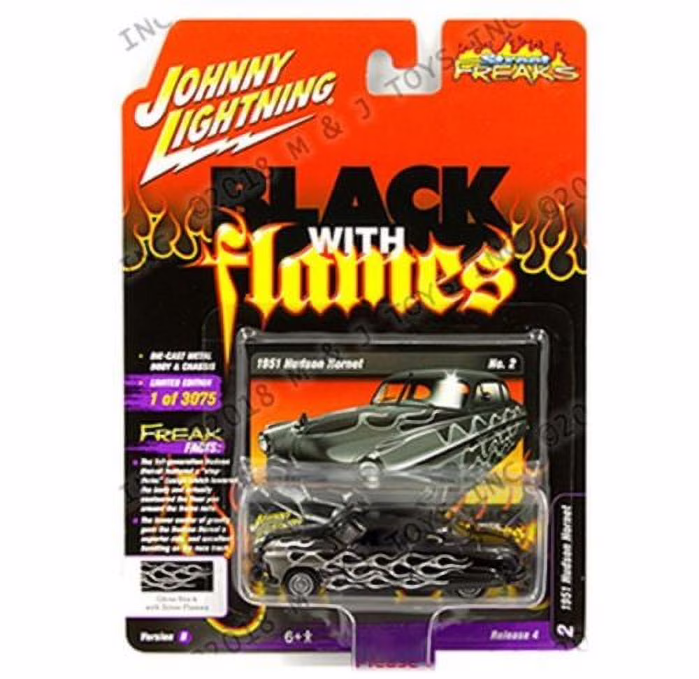 JOHNNY LIGHTNING 1:64 STREET FREAKS 2018 RELEASE 4 VERSION B - 1951 HUDSON HORNET (BLACK WITH GREY FLAMES) JLSP052-24B