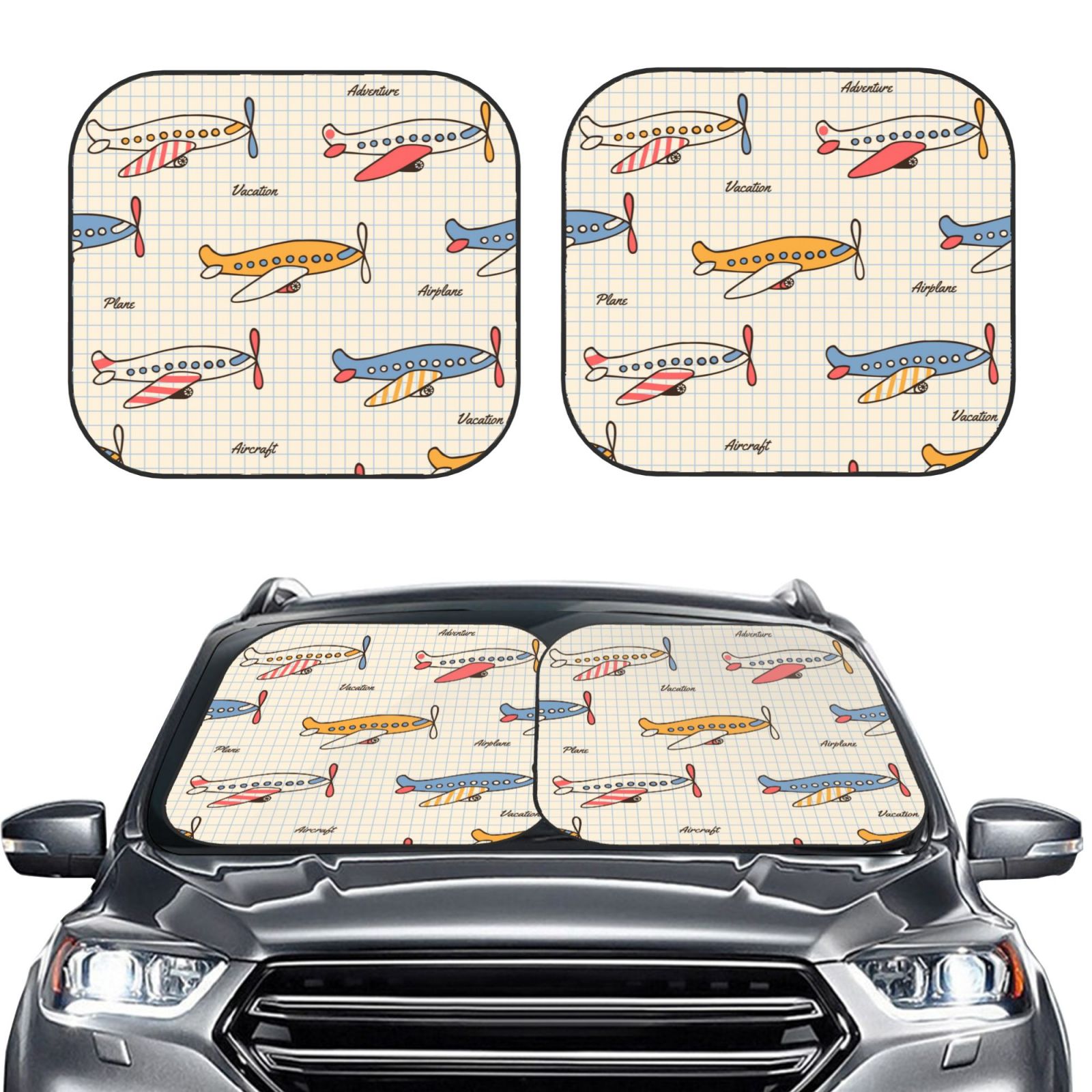 Lukts Striped Vintage Planes Print 2 Piece Car Sun Shade Windshield,Foldable Car Shade Front Windshield With Keeps Your Vehicle Cool, For Most Sedans Suv And Trucks - Small