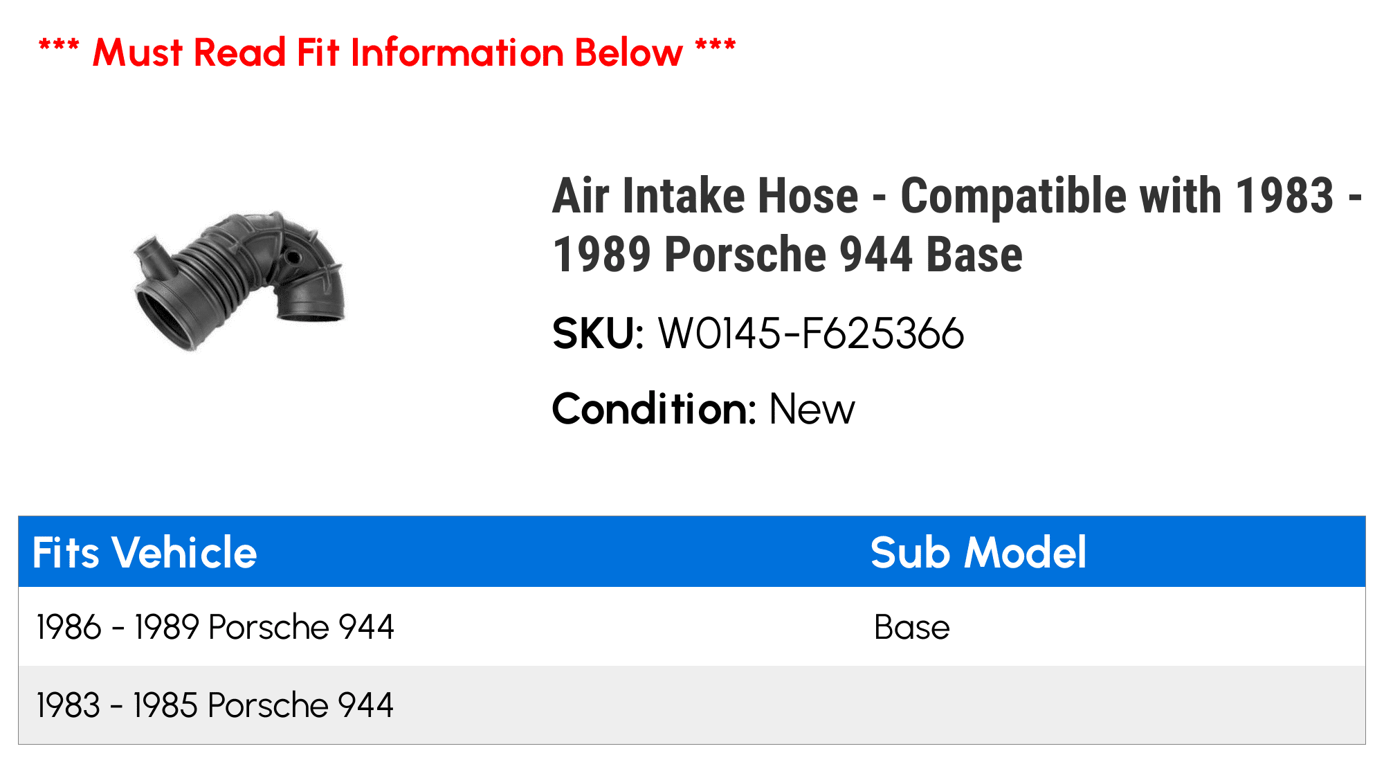 Air Intake Hose - Compatible with 1983 - 1989 Porsche 944 Base 1984 1985 1986 1987 1988