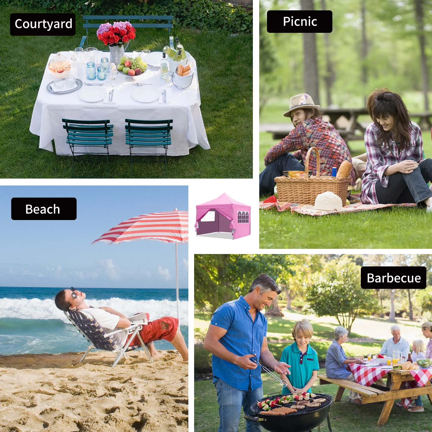 Outdoor Basic 10 x 10 ft Pop-up Tent Folding Instant Frame Canopy Terrace with 4 Sidewalls, Super-large Space, Waterproof and Sunscreen,Picnic Camping, Party Wedding, Barbecue Tent(Pink)