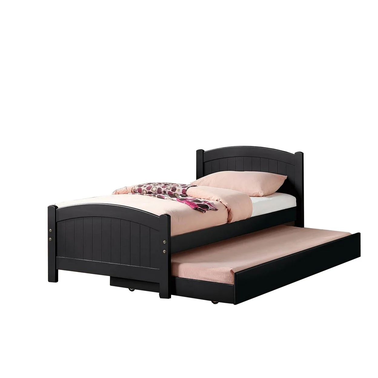 Shov Twin Size Trundle Bed Arched Headboard Vertical Accents Black Wood- Saltoro Sherpi