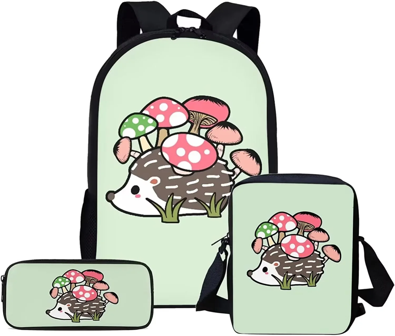 Renewold Cute Hedgehog Mushroom Backpack School Bag Set for Girls 3 Piece Elementary Students Bookbag with Crossbody Purse Zipper Pencil Case Kids Bagpack Rucksack