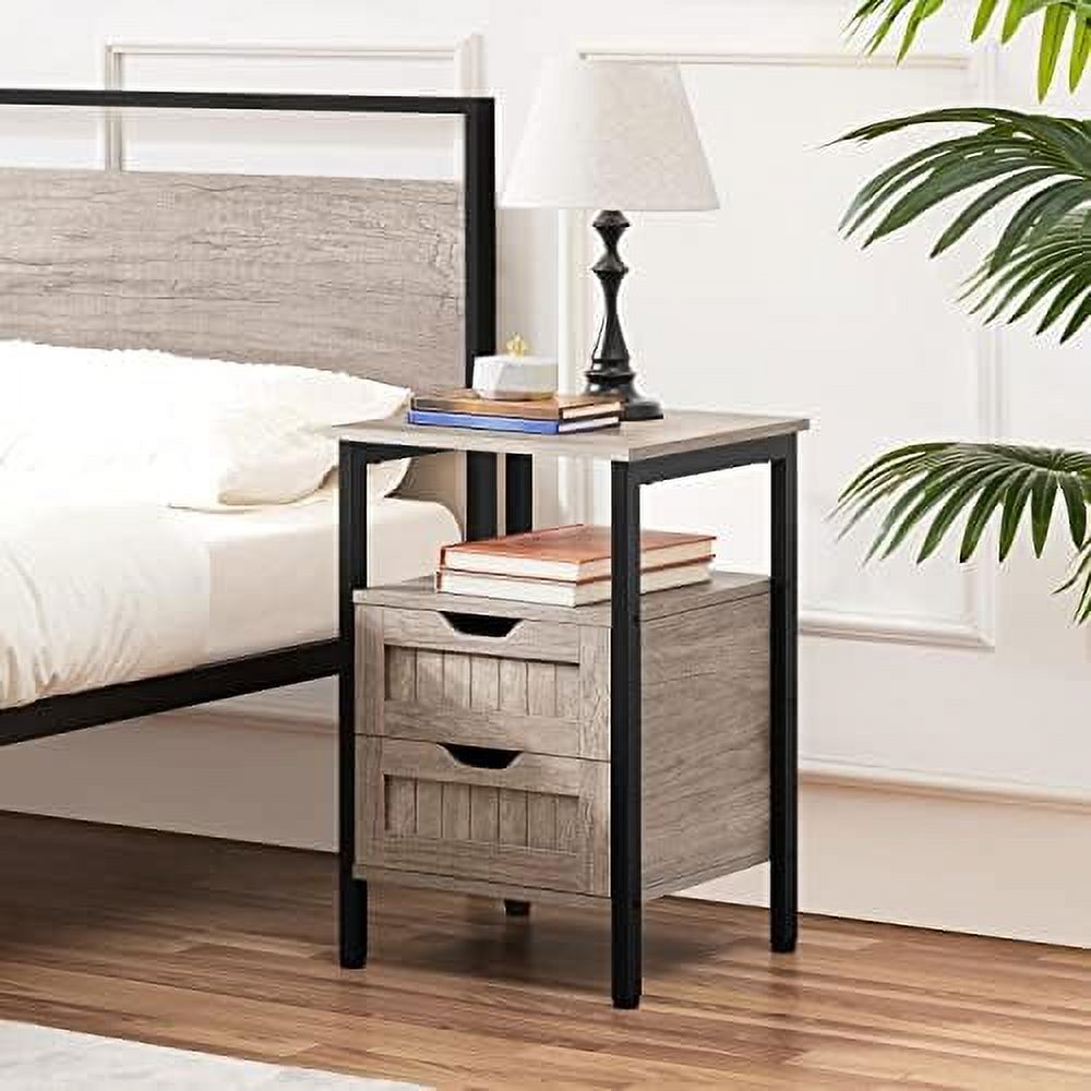 xrboomlife 2PCS Nightstands  Wood Bedside Table with 2 Drawers & Open   Set of 2 Bedside  Cabinet Sofa  End Table with Steel Frame for Bedroom/Small Space  Gray