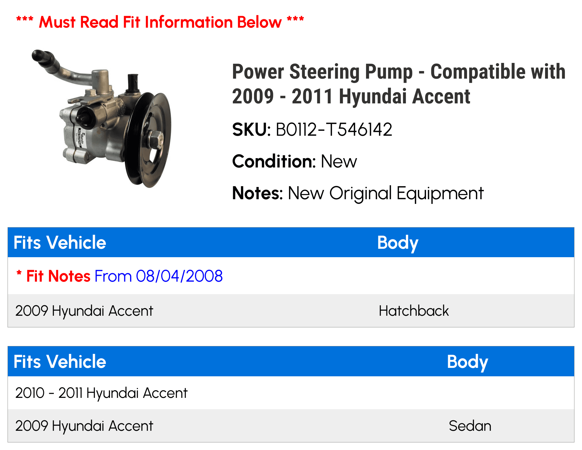 Power Steering Pump - Compatible with 2009 - 2011 Hyundai Accent 2010