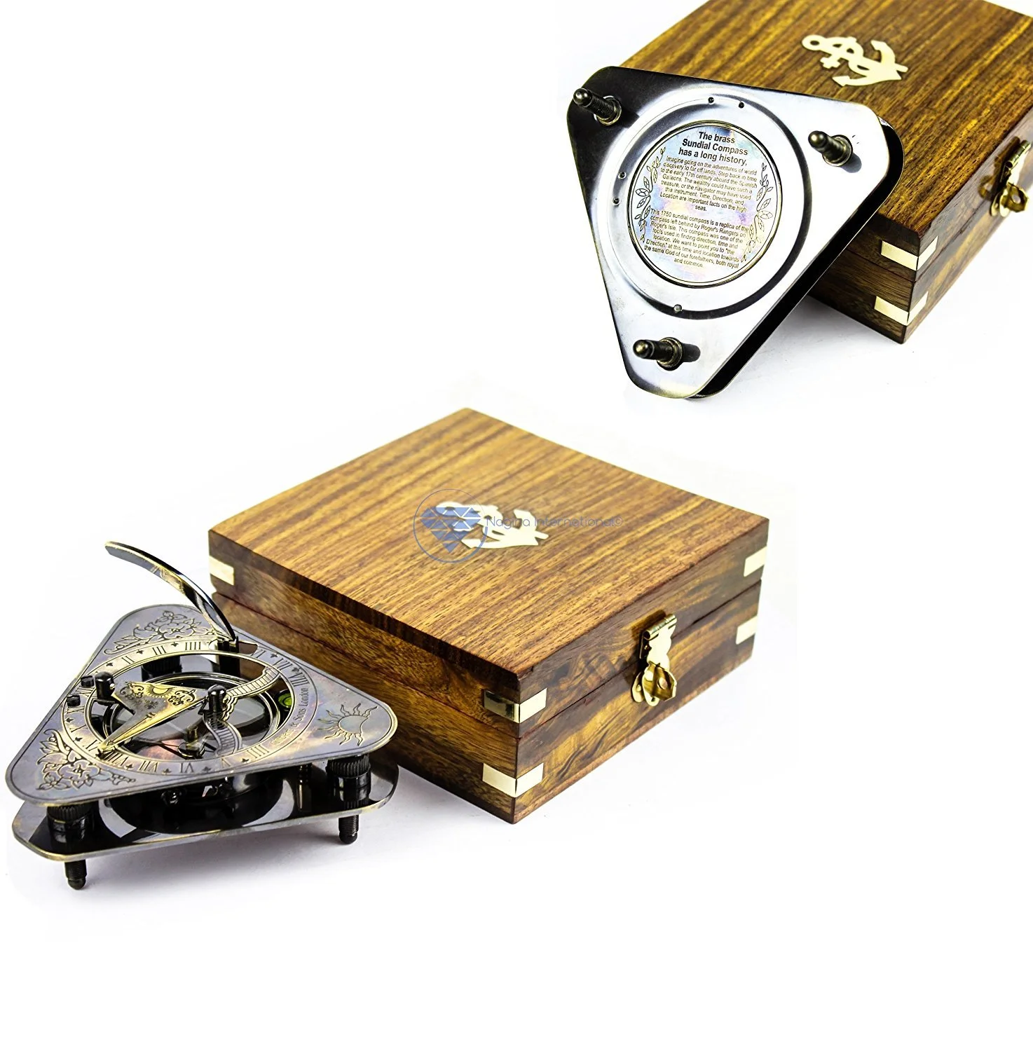Triangular Sundial Compass (Antique Brass Finish) - With Wooden Box
