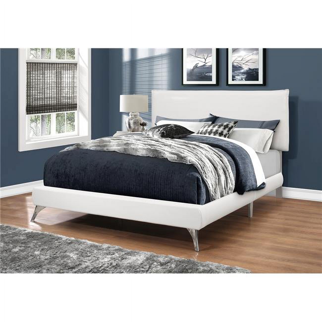 Monarch Specialties  White Leather-Look Bed with Chrome Legs - Queen Size
