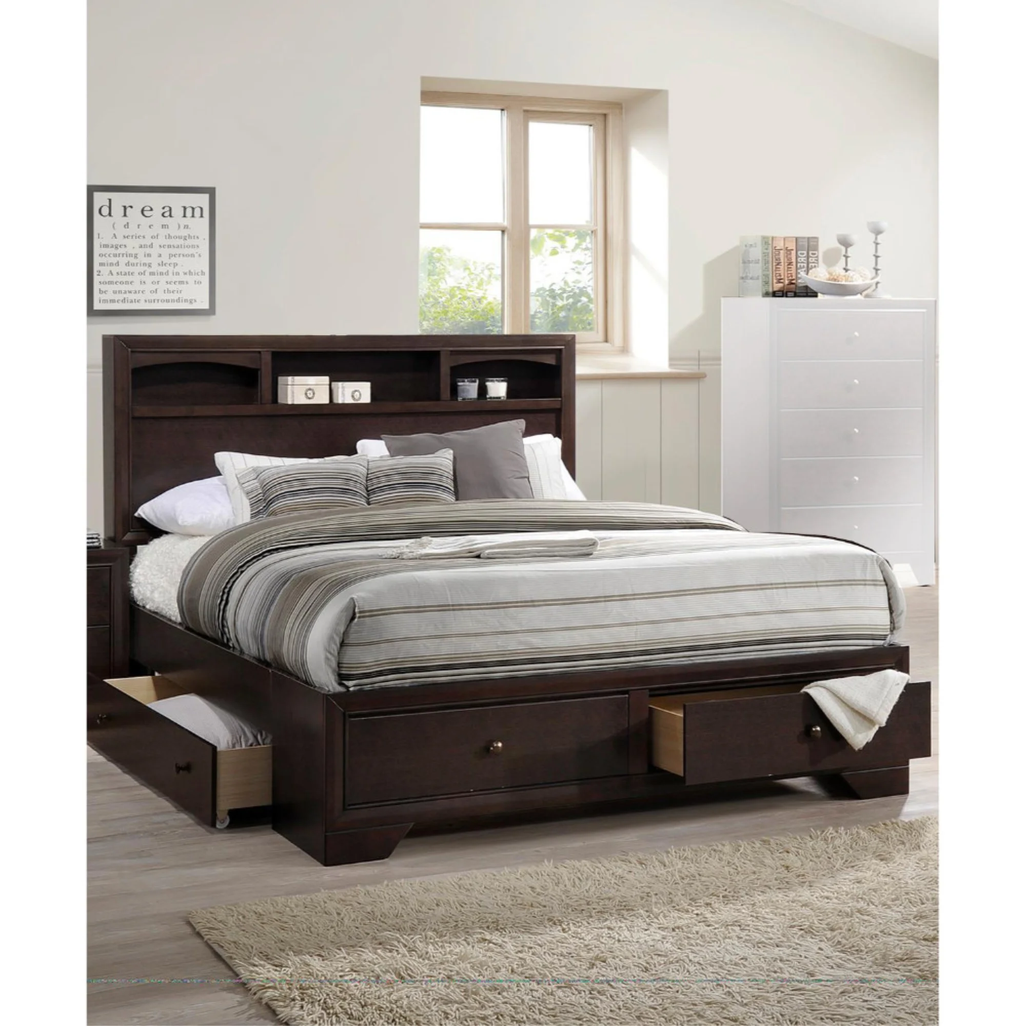 Wooden Eastern King Bed With Display Shelves and Under Bed Drawers, Dark Brown