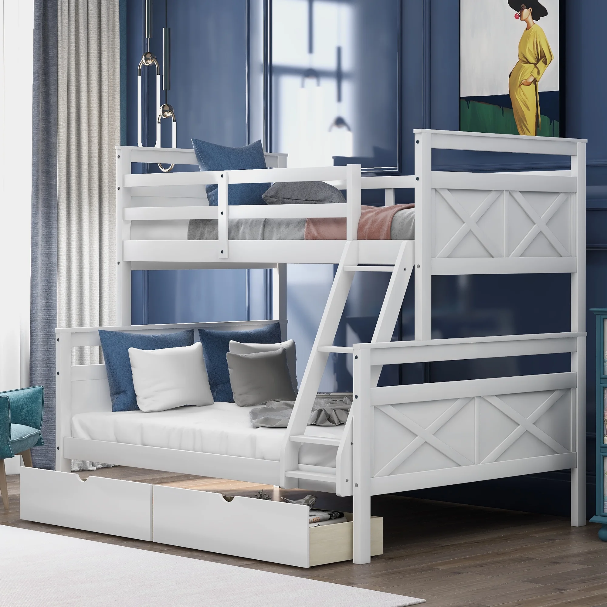 Nestfair White Twin Over Full Bunk Bed with 2-Drawers