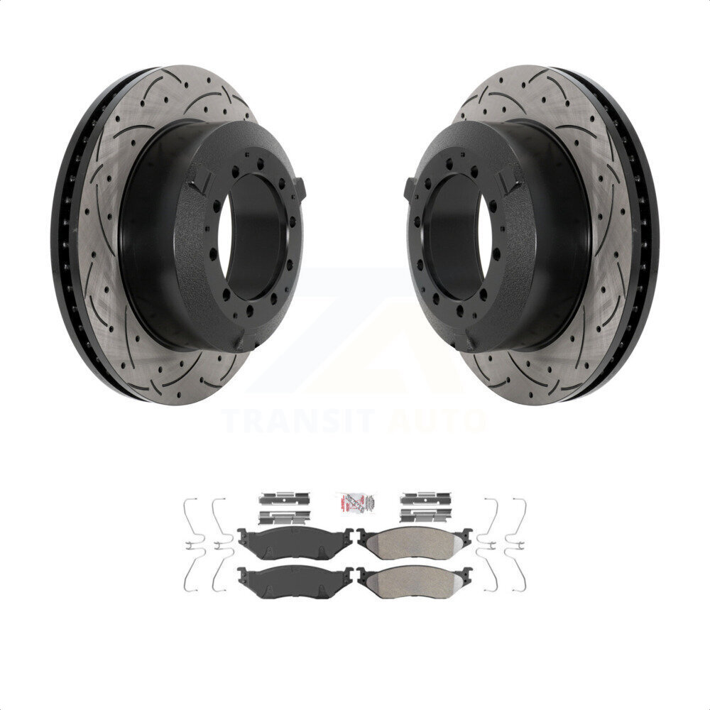 Transit Auto - Front Coated Drilled Slotted Disc Brake Rotors And Semi-Metallic Pads Kit For International IC Corporation TerraStar AE School Bus AC Commercial KDA-102781