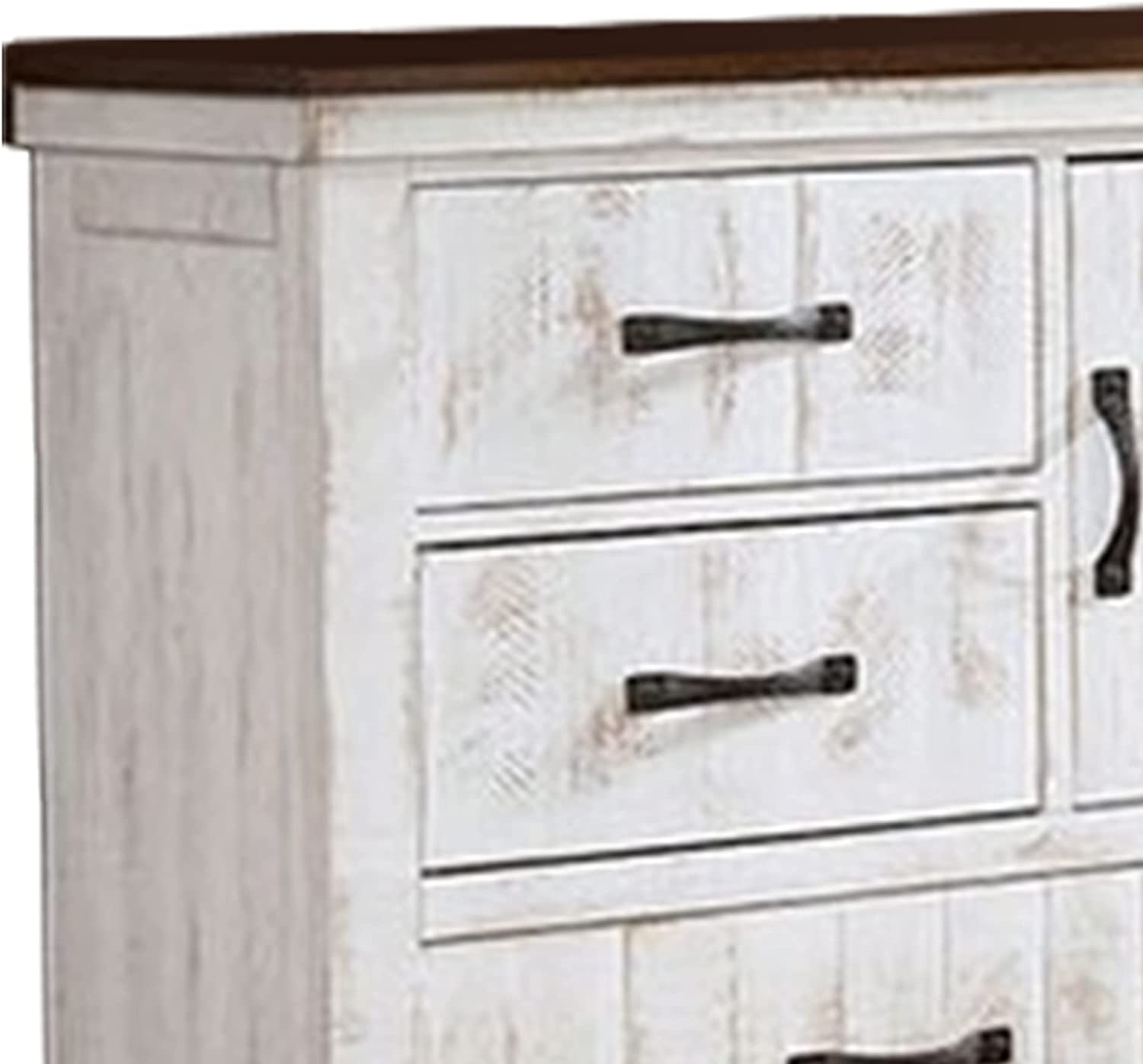 Dresser with Plank Design 6 Drawers and Contrasting Top, White and Brown