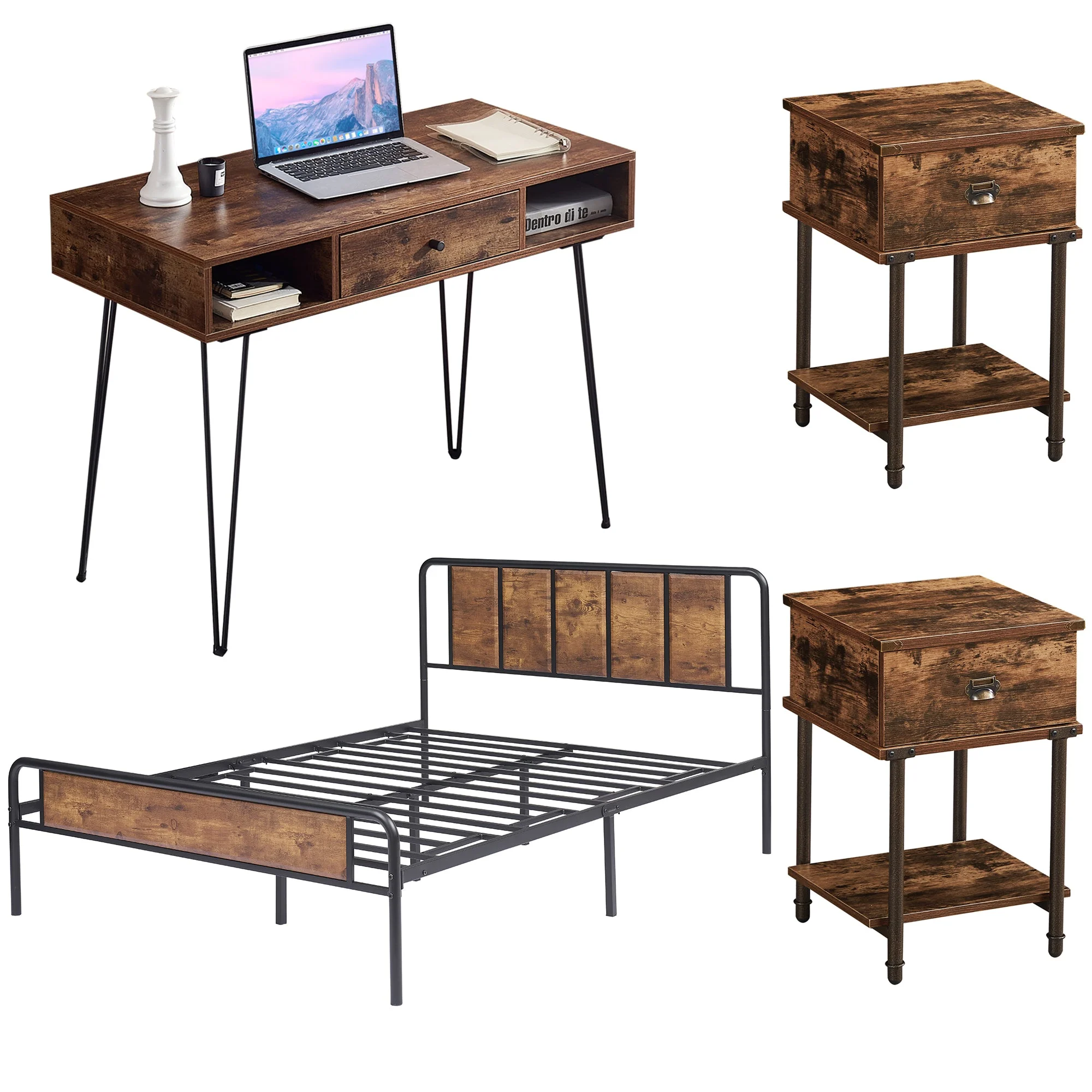 VECELO 4-Piece Bedroom Set Full Bed Frame Nightstands And Desk Set (Set of 4)