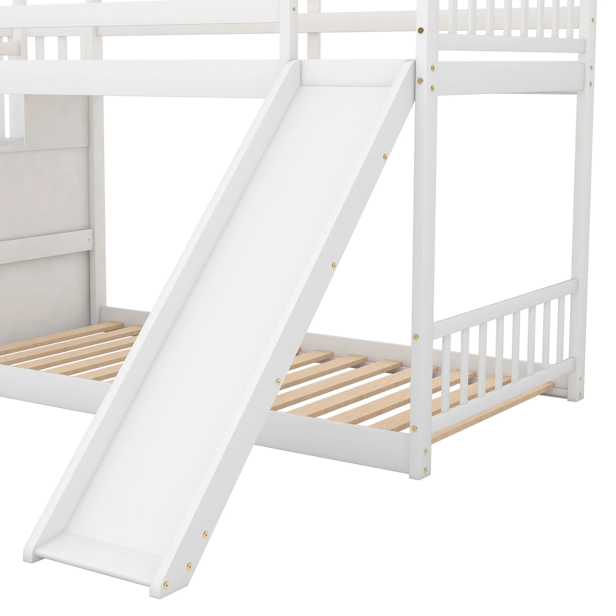 White Twin over Twin Bunk Bed with Convertible Slide and Stairway