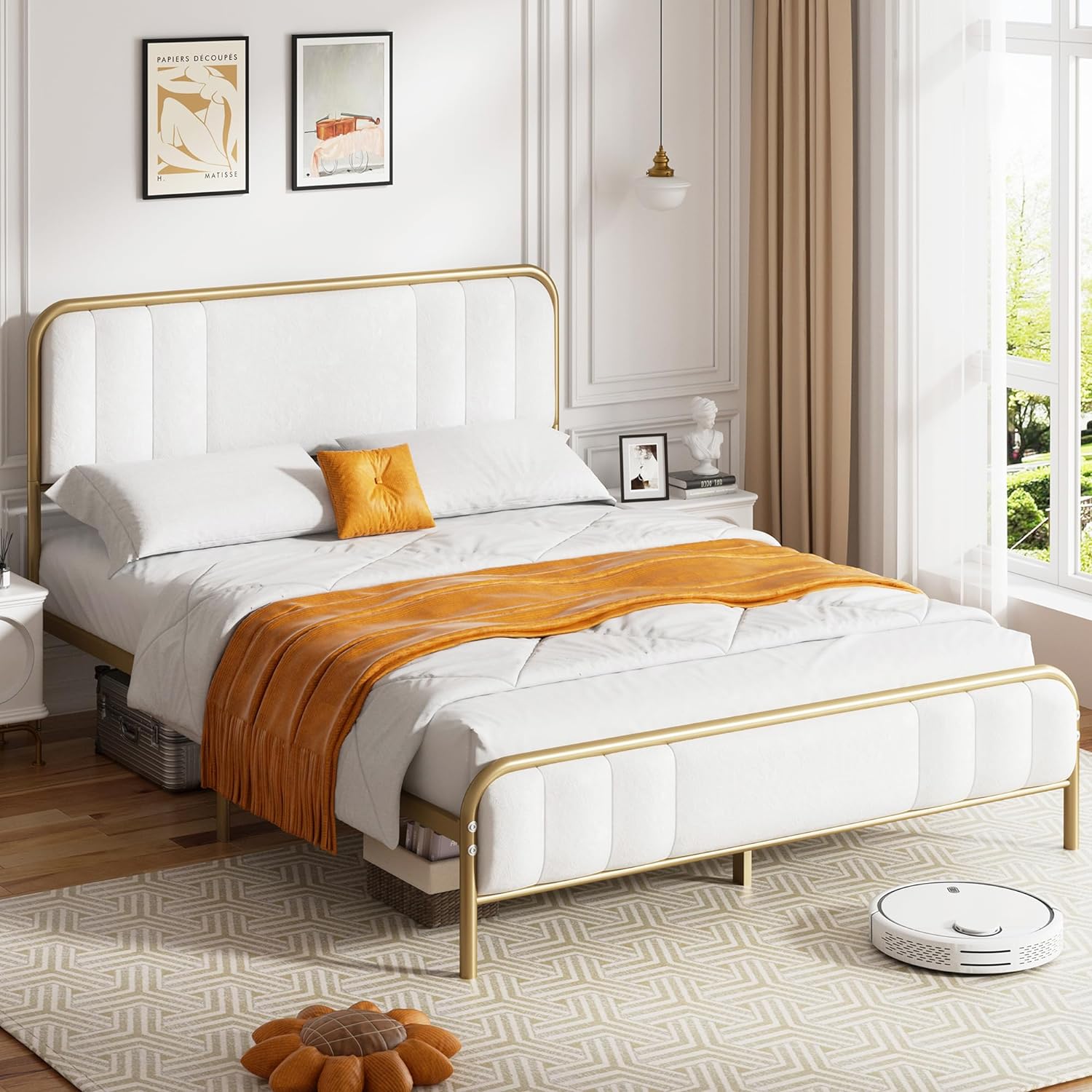 YINCHEN Queen Size Bed Frame with Velvet Fabric Headboard, Gold Metal Platform Bed, Solid Metal Slats Support, No Box Spring Needed, Easy Assembly, Modern White Velvet