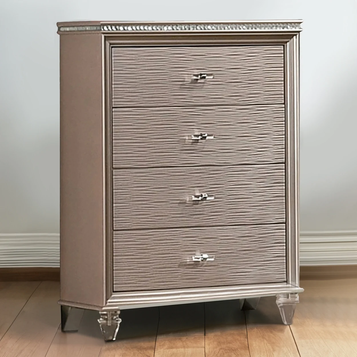 Jisoo 44 Inch Tall Dresser Chest, Textured Drawers, Crystal Accents, Gold