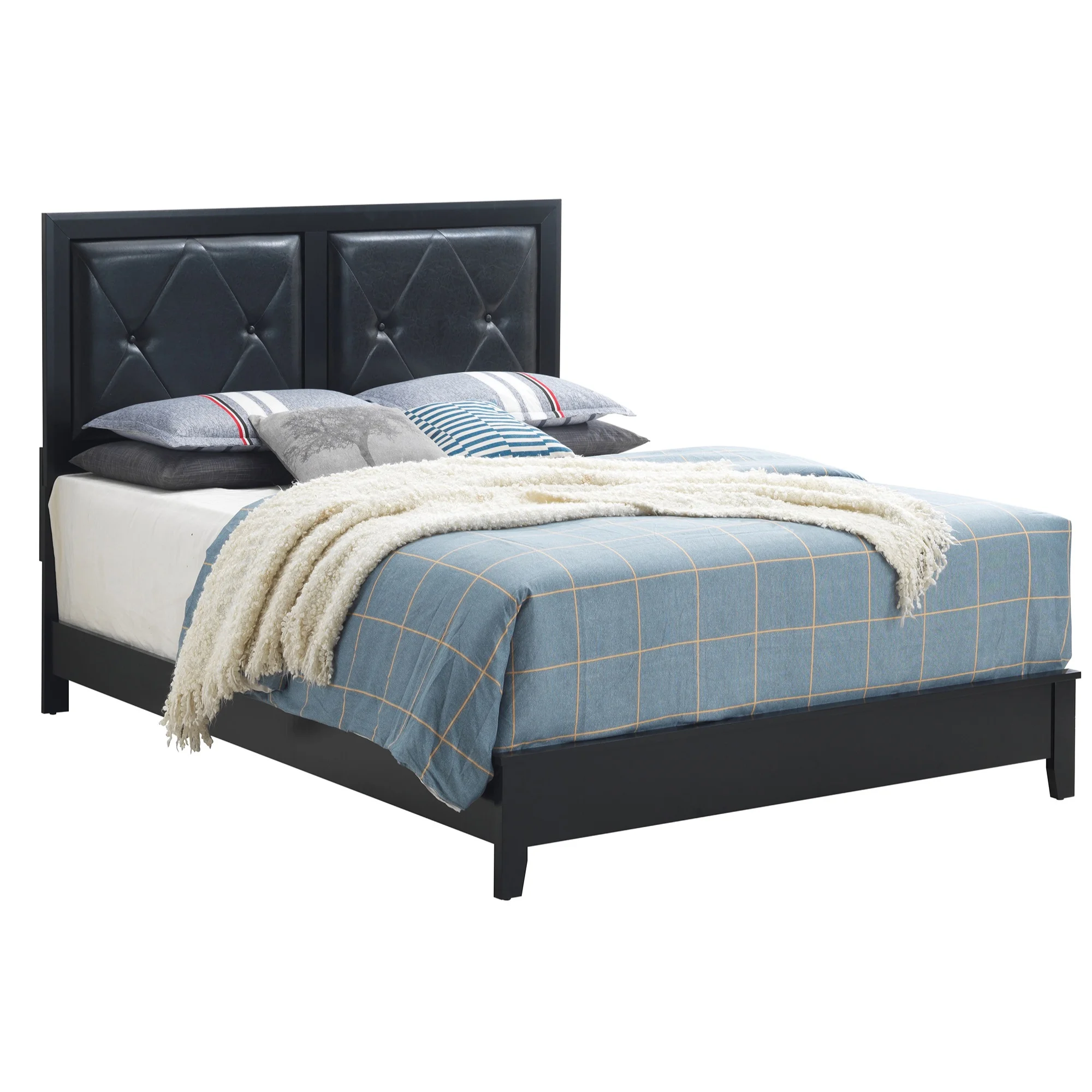 Passion Furniture PF-G1336A-QB Primo Upholstered Panel Bed, Black - Queen Size