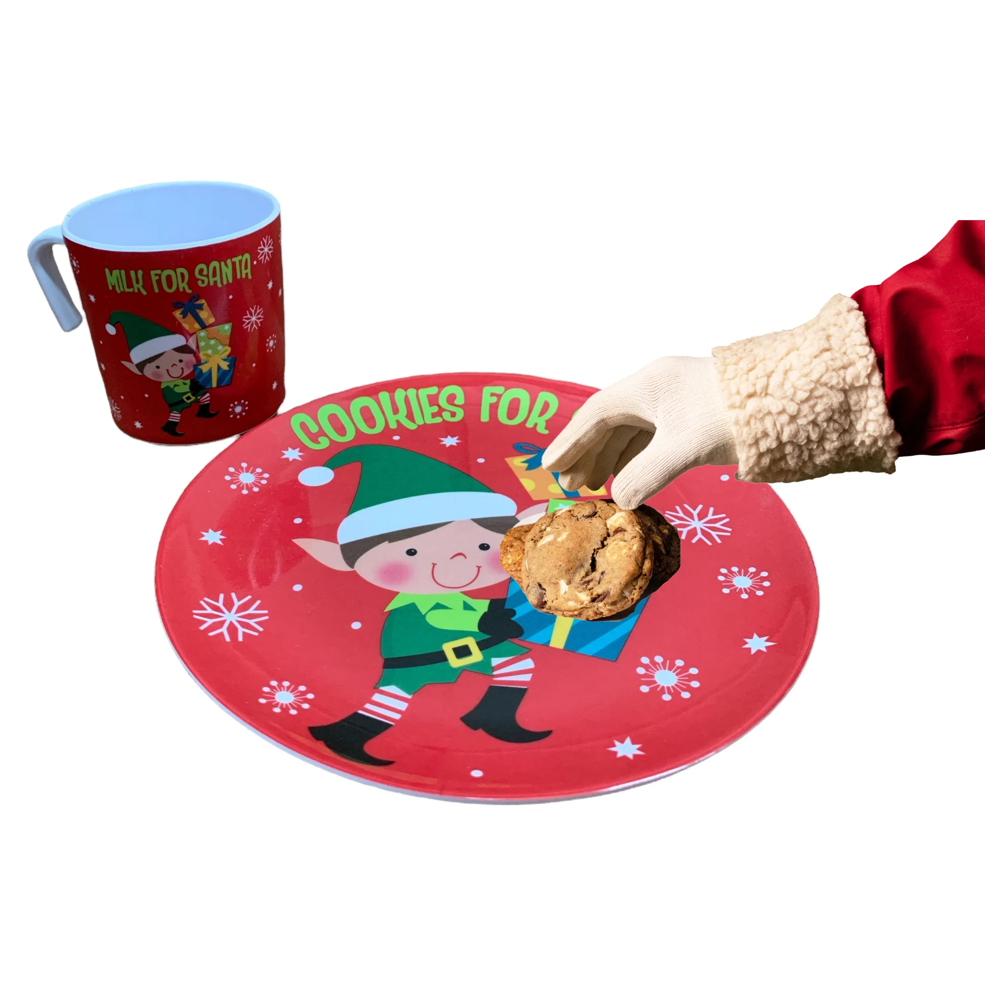 Cookies for Santa Plate and Mug Set | Santa Elf Reindeer Melamine Wares (Elf Packages Red)