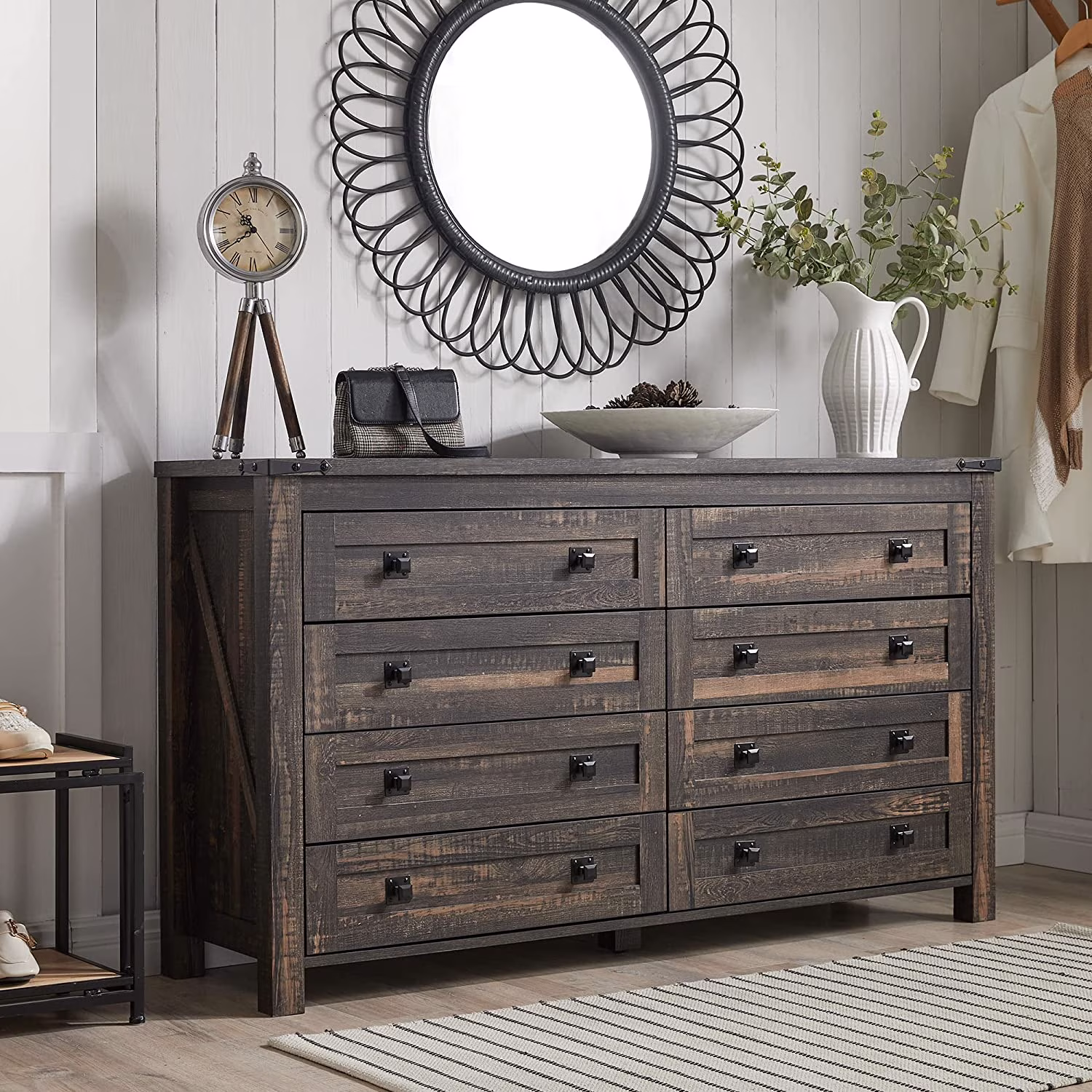 Farmhouse 7 Drawers Dresser for Bedroom  Wood Rustic Dresser Tv Stand  Storage Dressers Organizer for Bedroom  Living Room Hallway  Antique White