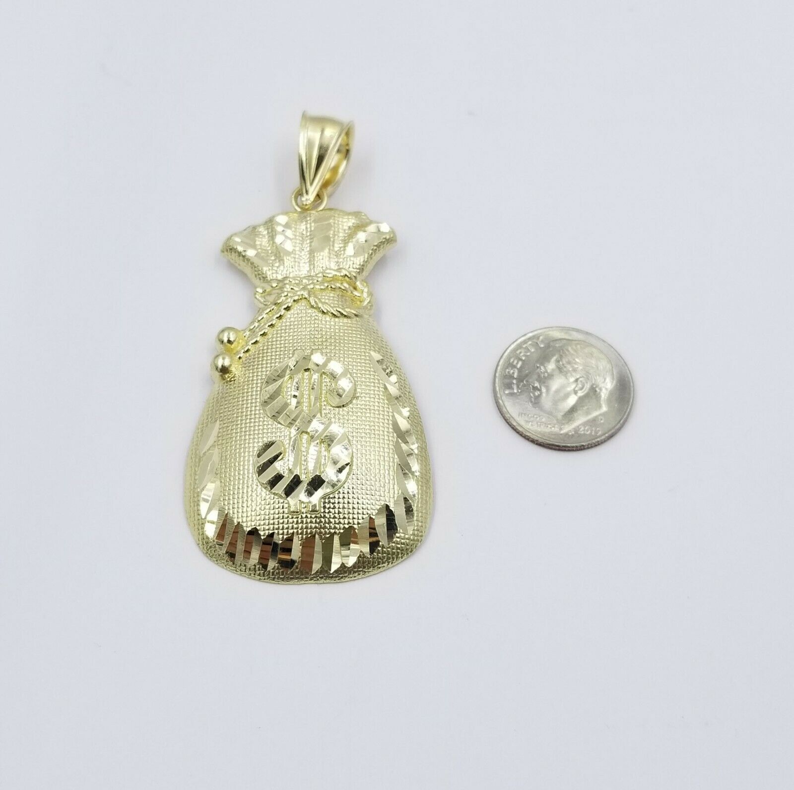 10K Yellow Gold Money Dollar Bag Charm Pendant Diamond Cut Men